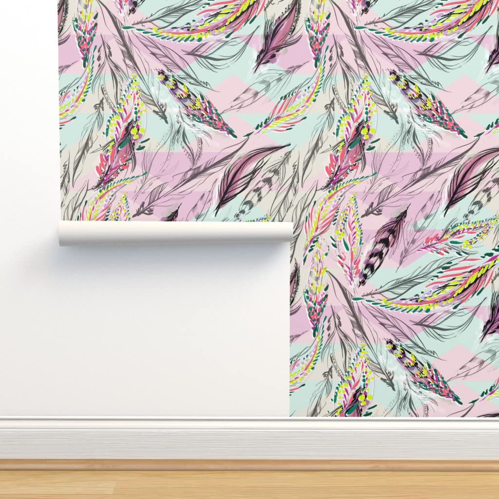 12ft x 2ft Removable Feather Magic Boho Wallpaper - Desert Triangle Geometric Pattern, Pre-Pasted Peel & Stick Wallpaper for Bedroom, Living Room, Nursery Decor | Easy to Remove & Reapply