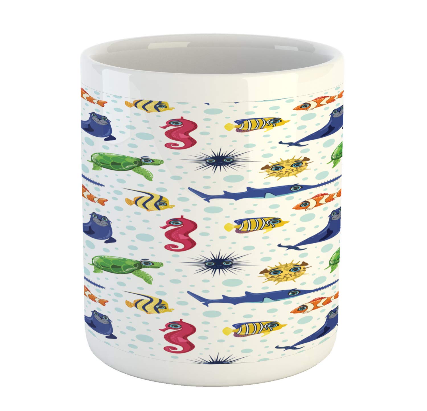 Lunarable Fish Themed Ceramic Coffee Mug - 11 oz Colorful Aquatic Characters & Bubbles Design for Tea, Water & Hot Drinks - Perfect for Home, Office & Gifts