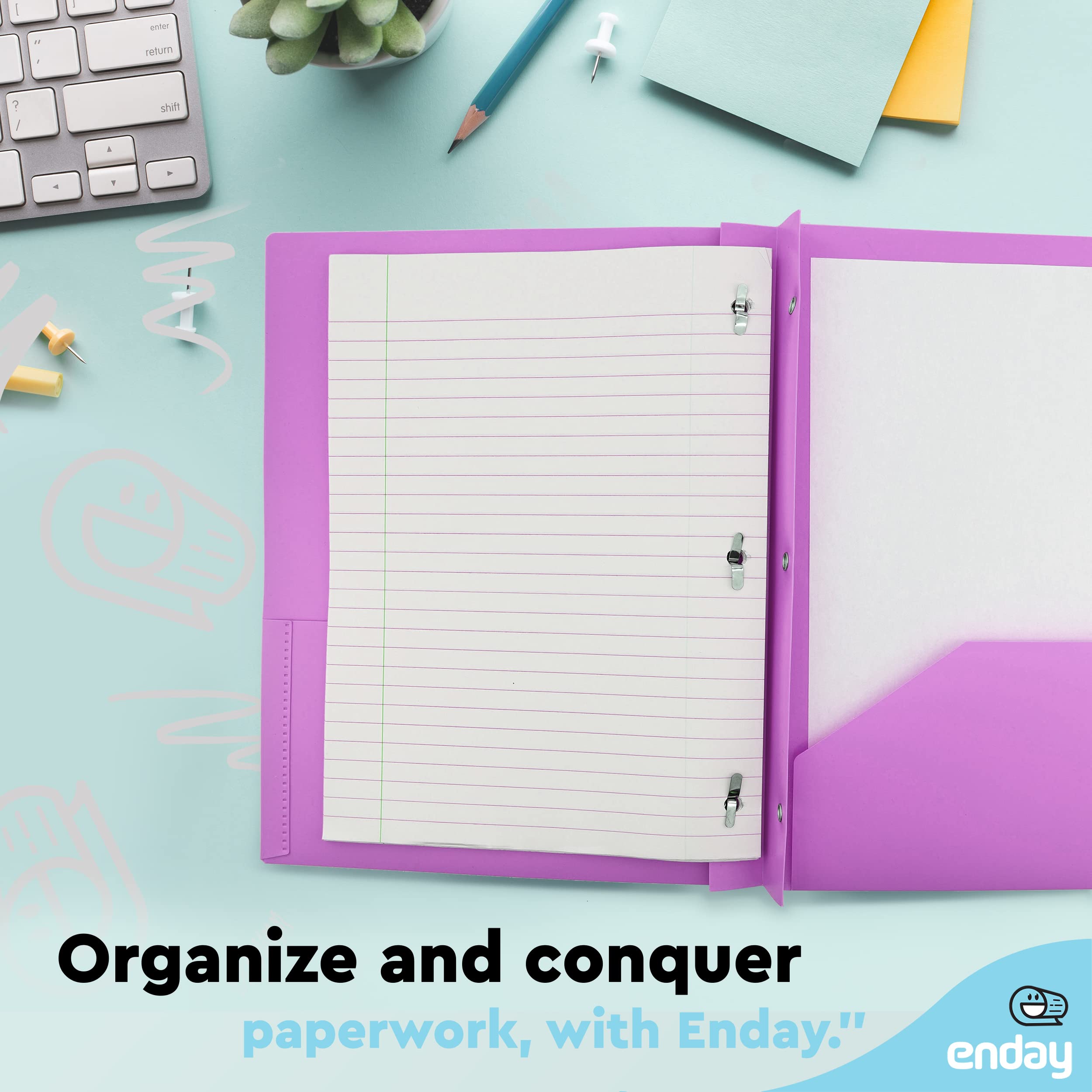 Enday 2-Pocket 3-Prong Plastic Folder with Brads - Letter Size Sheets Organizer in Purple, Blue, Green, Red, Pink & Grey - Perfect for School, Office & Document Filing (1-Pack)
