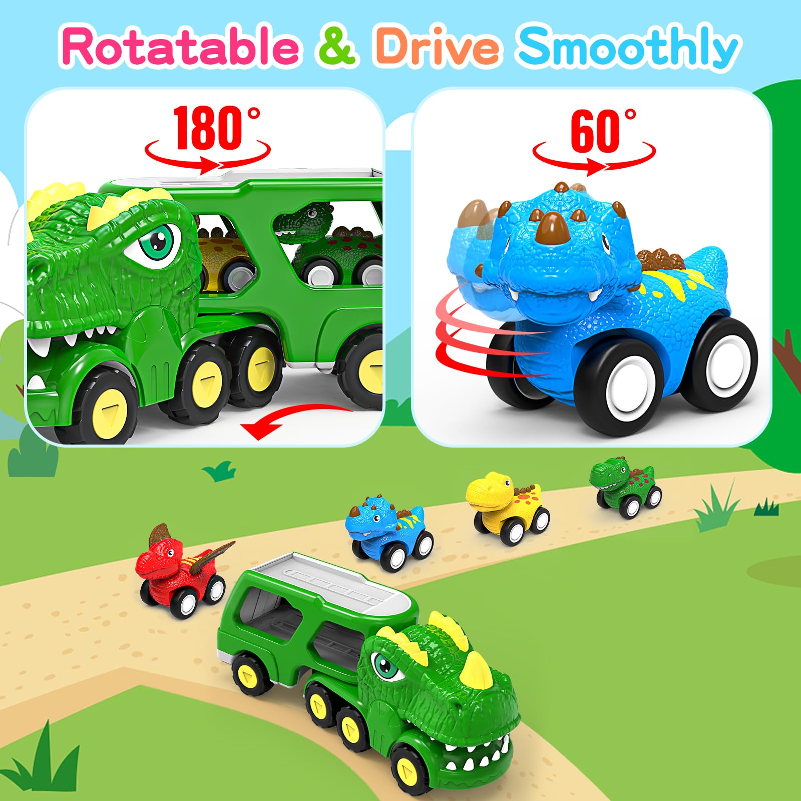 **ENJSD 5-in-1 Dinosaur Toys for Toddlers Ages 1-5 – Friction-Powered Dino Cars with Flashing Lights & Sounds – Best Gift for 1 2 3 4 5 Year Old Boys – Perfect for Playtime, Learning & Birthday Gifts**
