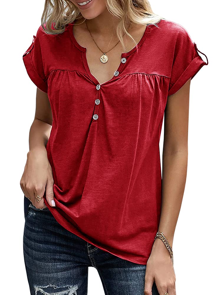 Women's V-Neck Button-Up Henley T-Shirts - Summer Short Sleeve Loose Casual Blouse with Rolled Sleeves | Perfect for Beach Outings, Weekend Wear & Casual Office Looks