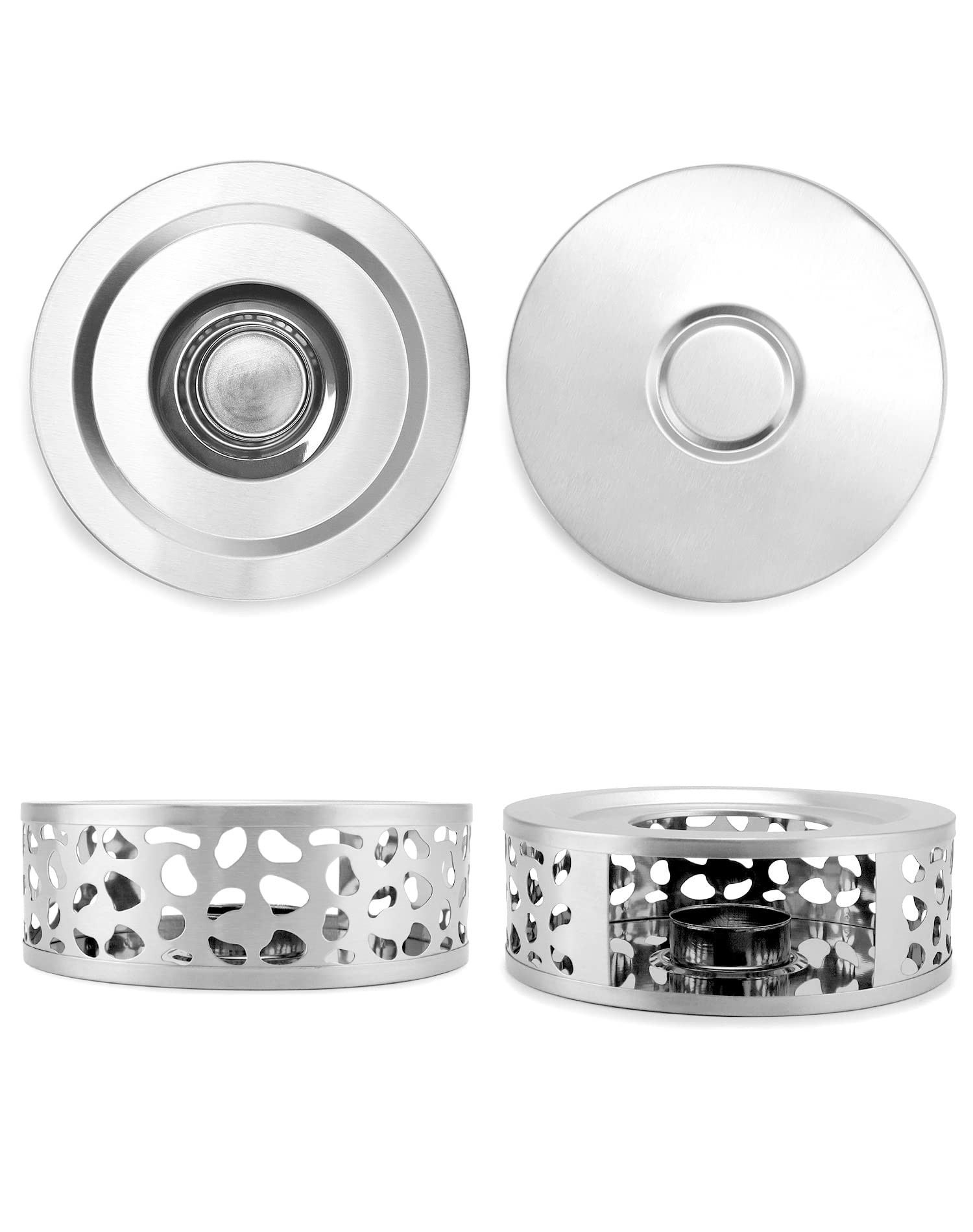QWORK 2-Pack Brushed Stainless Steel Tea Kettle Warmer with Hollow Frame & Tea Candle Holder - Universal Fit for Most Teapots (Silver) - Perfect for Home, Office, and Tea Party Use