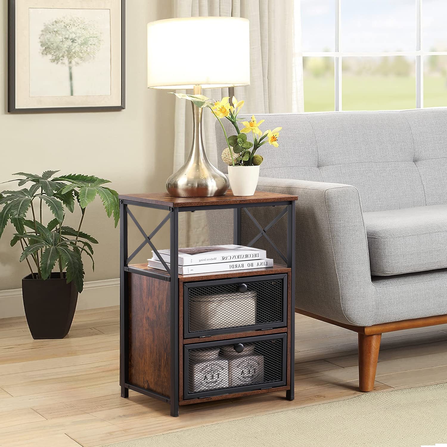 Modern Night Stand with Storage & Flip Drawer - Set of 2 Brown End Tables for Bedroom, Living Room & Lounge - Space-Saving Nightstand with Door for Small Apartments & Dorm Rooms