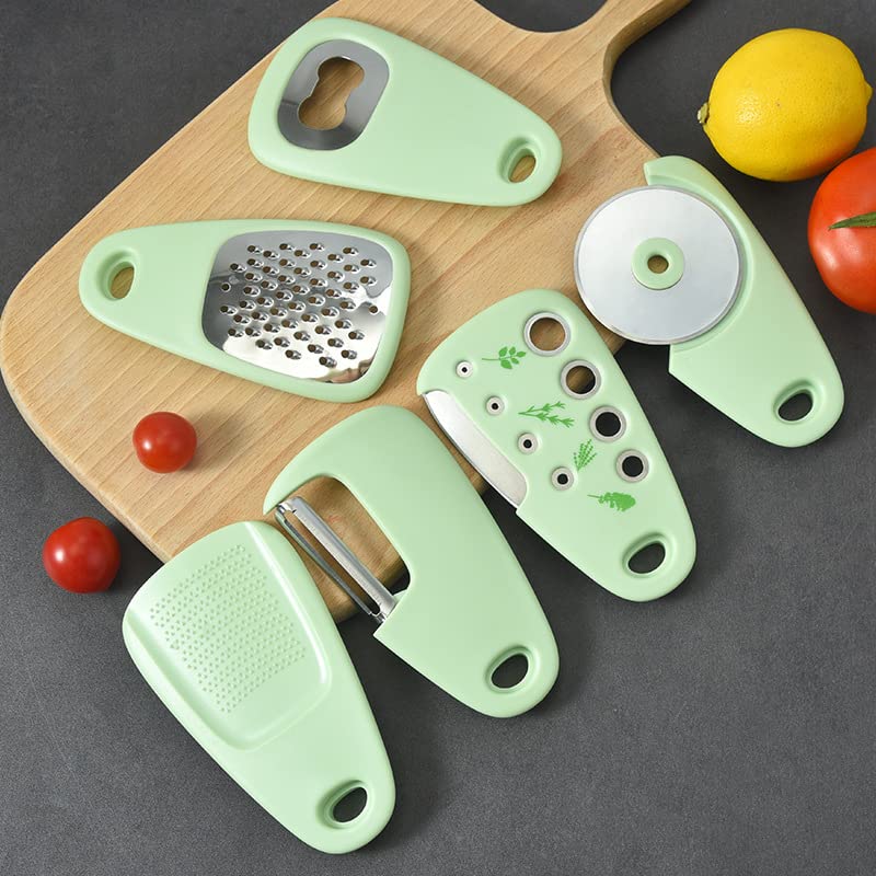 YELONA 6-Piece Multipurpose Kitchen Gadgets Set - Space Saving Cooking Tools with Grater, Peeler, Garlic/Ginger Grinder, Bottle Opener, Pizza Cutter & Herb Stripper - Perfect for Meal Prep, Pizza Nights & Small Kitchens
