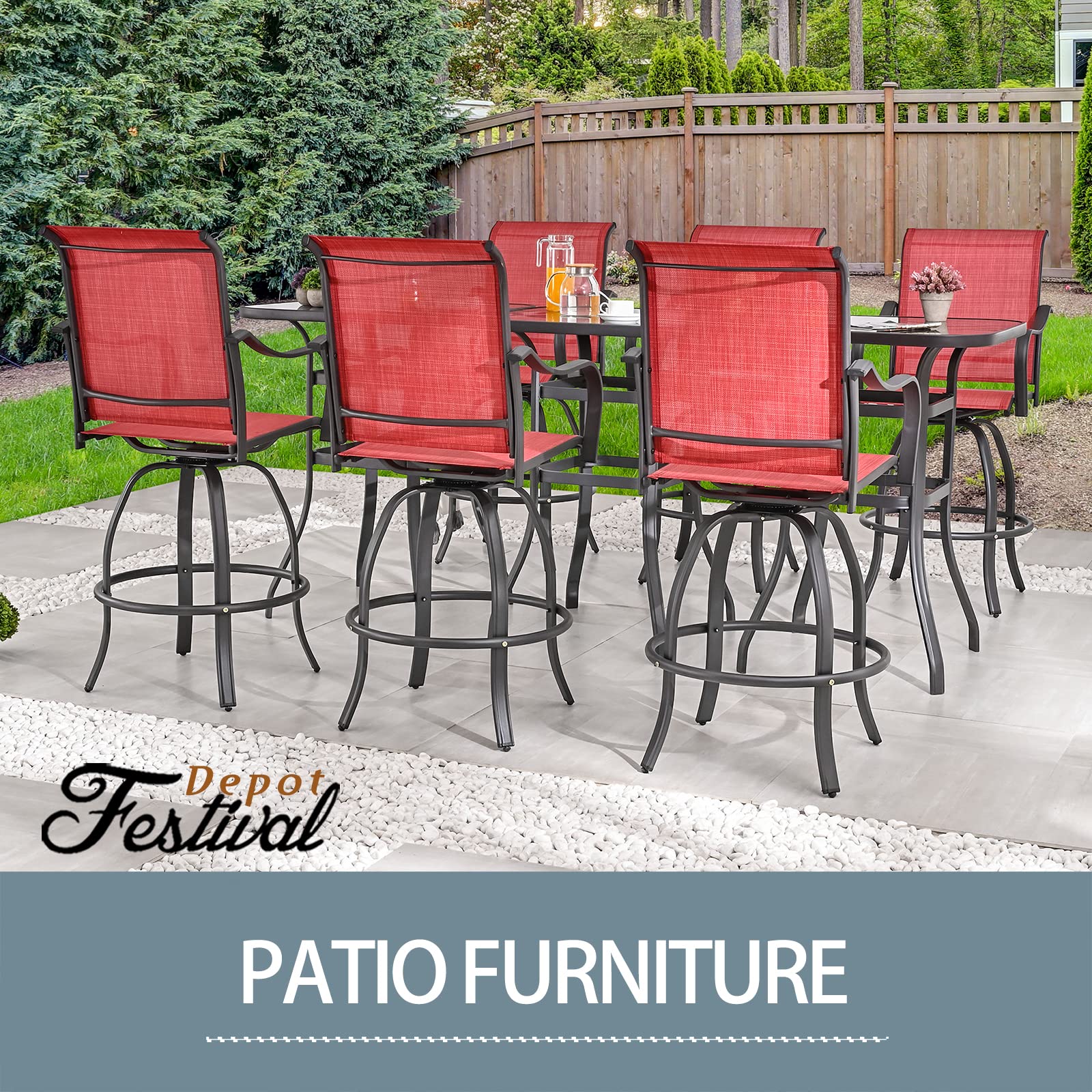 Festival Depot 9-Piece Patio Dining Set - Swivel Bar Height Stools with Armrests, Tempered Glass Top Table & Metal Outdoor Furniture for Backyard, Garden, or Poolside (Red) - Perfect for Outdoor Entertaining & Relaxation