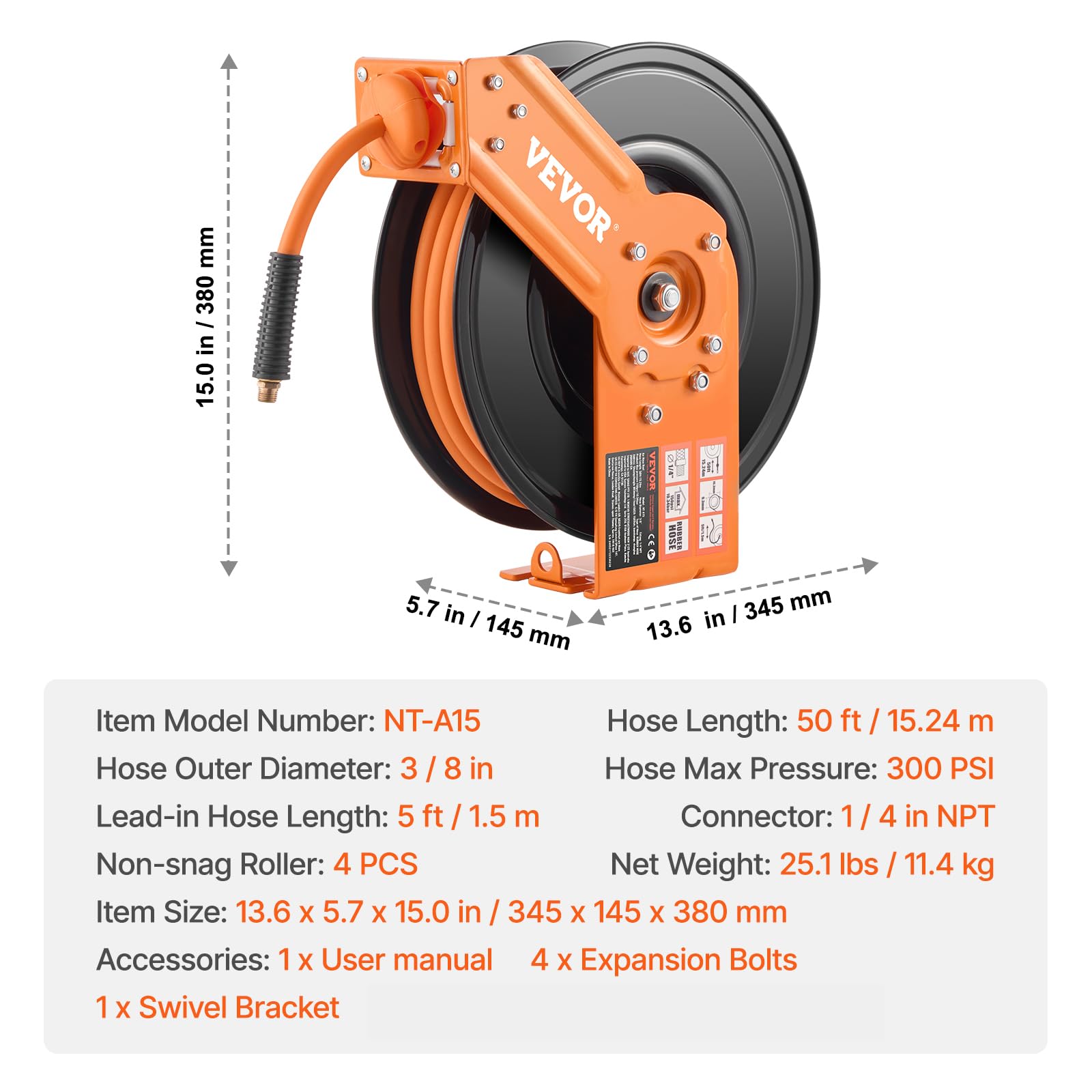 VEVOR Retractable Air Hose Reel - 3/8