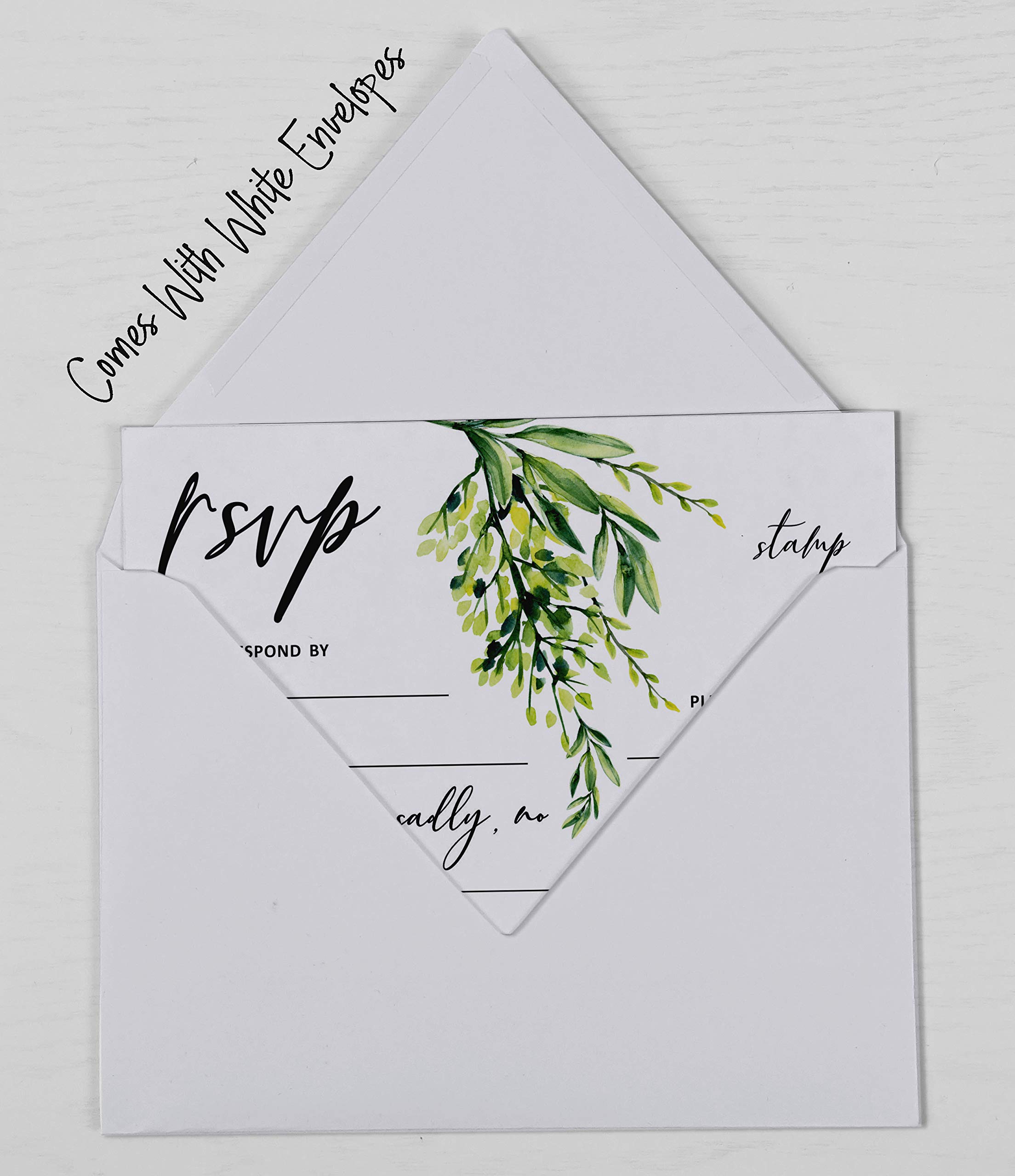 50 Blank RSVP Cards with White Envelopes - Greenery Style Wedding Response Cards for Invitations - Perfect for Wedding, Baby Shower, Bridal Shower, Engagement Party & Rehearsal Dinner - Elegant Stationery for Your Special Events