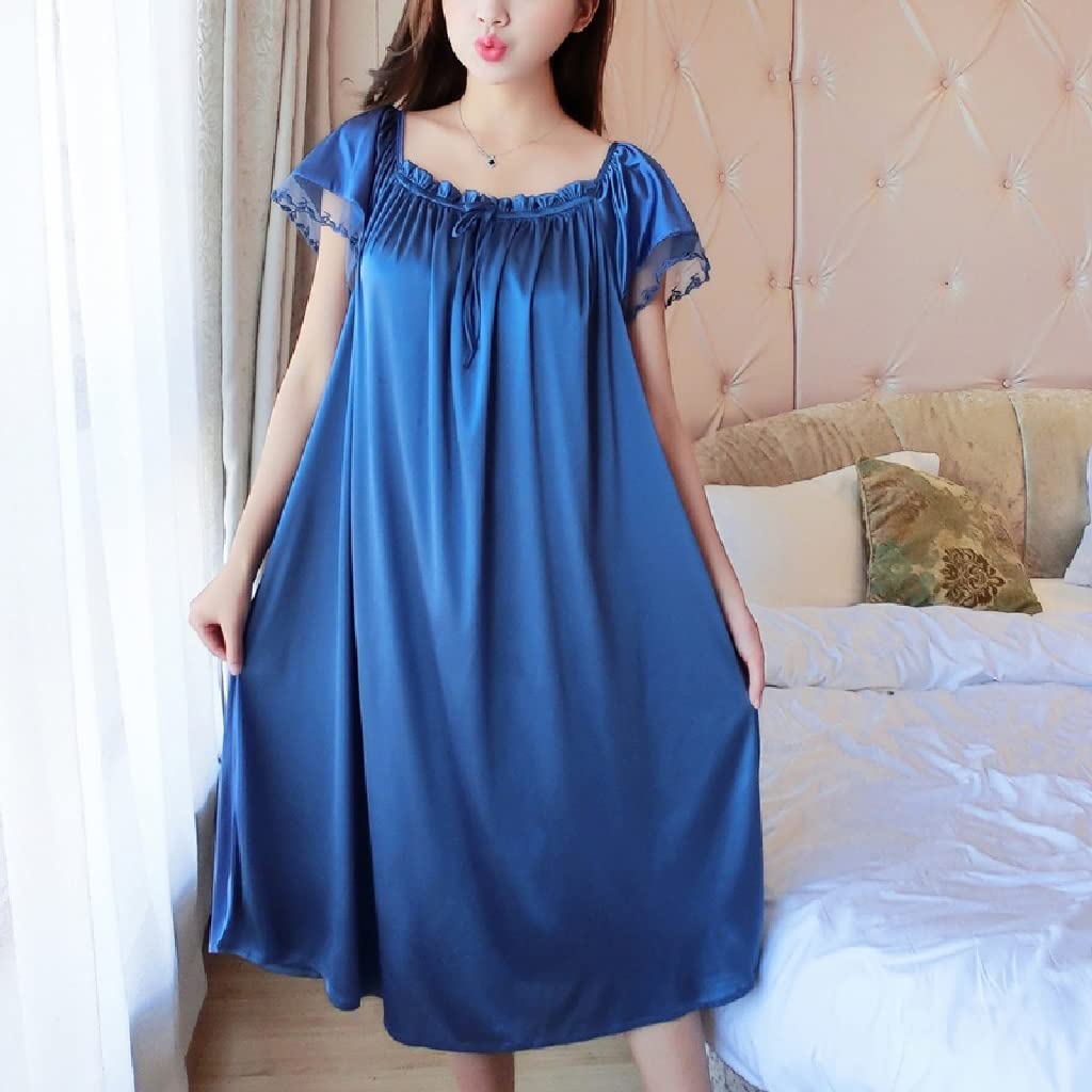 TOTOU Women's Lace Ice Silk Nightgown - Short Sleeve Loose Fit Plus Size Sleepwear (XL, Blue) | Comfortable Summer Nightdress for Relaxing at Home or Vacation