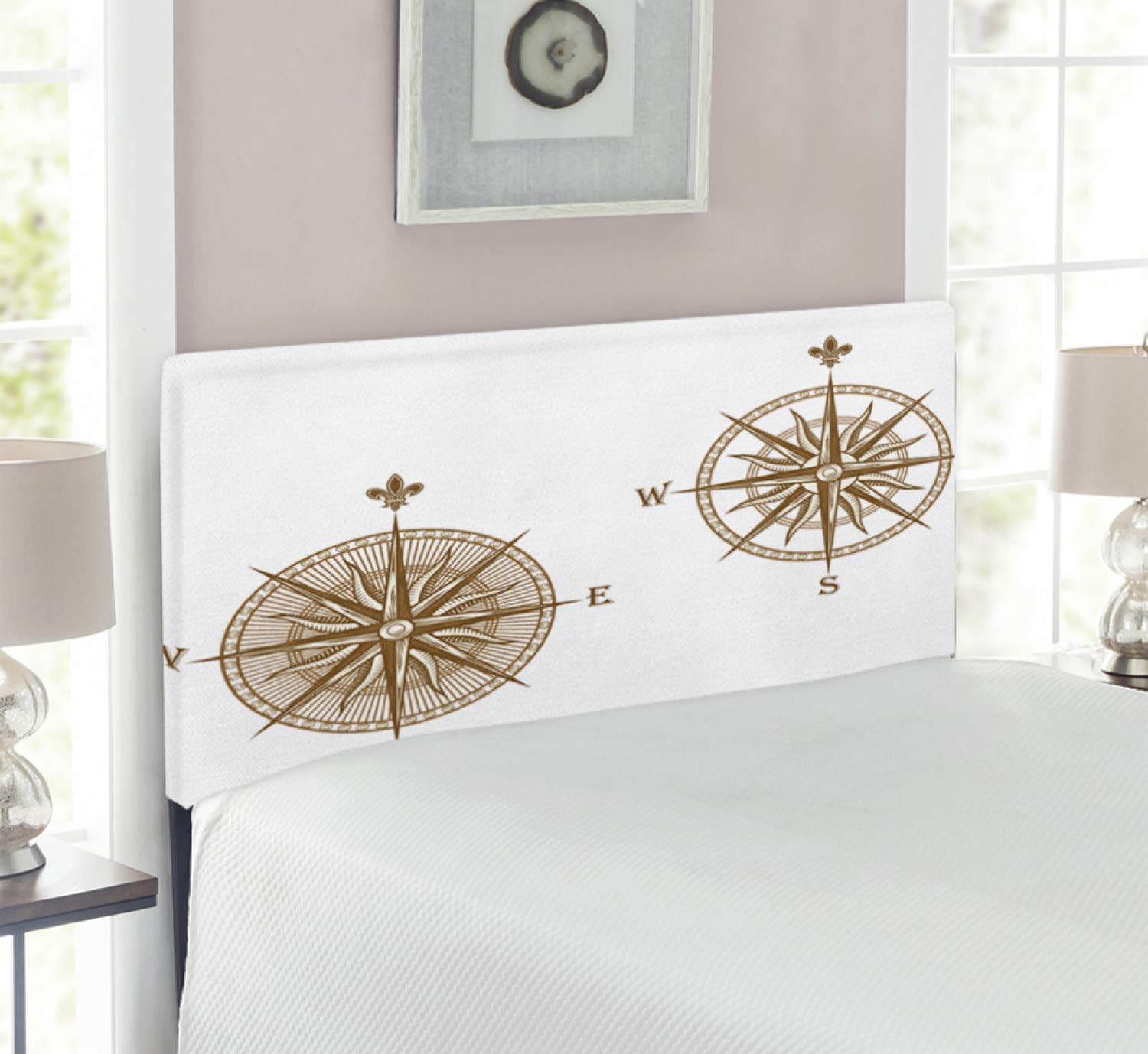 Ambesonne Compass Headboard - Nautical Windrose Design for Twin Size Beds, Upholstered with Memory Foam in Pale Brown | Perfect for Coastal, Travel & Marine Themed Bedrooms