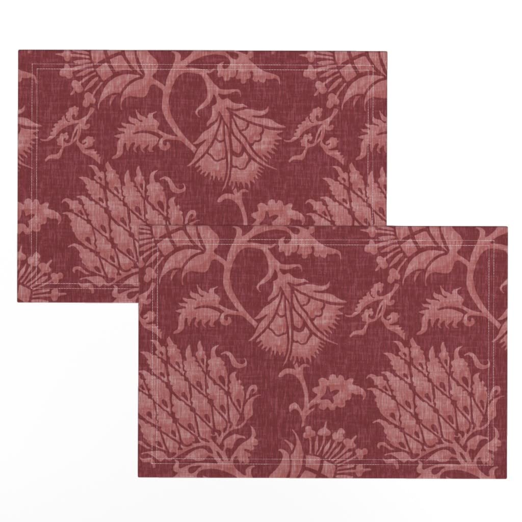 Premium Linen Cotton Canvas Placemats Set of 2 - Floral Damask French Renaissance Print Table Mats for Dining, Kitchen Decor & Dinner Party Accessories