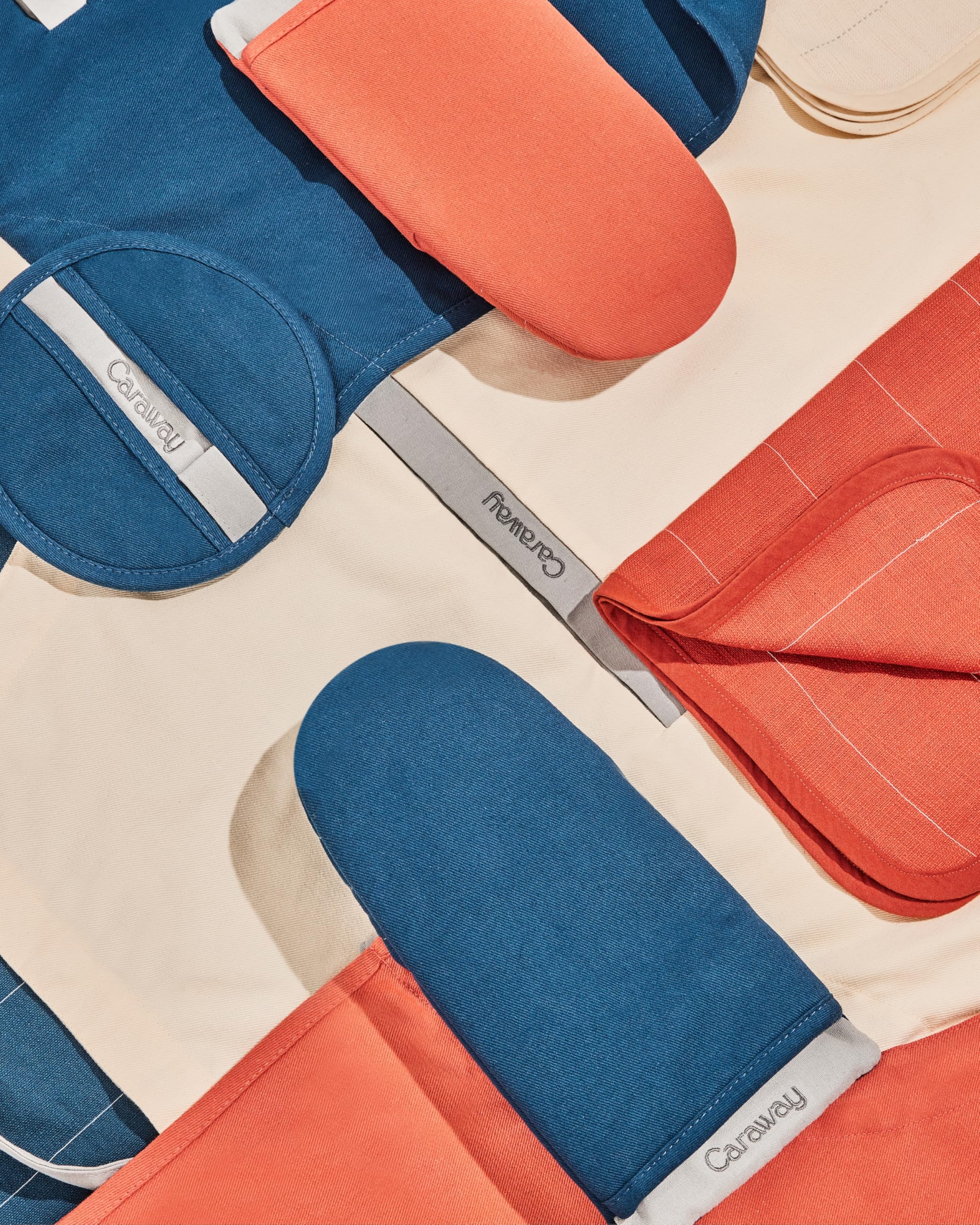 Organic Cotton Caraway Linen Set - Apron, Pot Holders, Oven Mitts & Tea Towels - 100% Natural Fabric - Durable & Machine Washable - Perfect for Cooking, Baking & Kitchen Decor