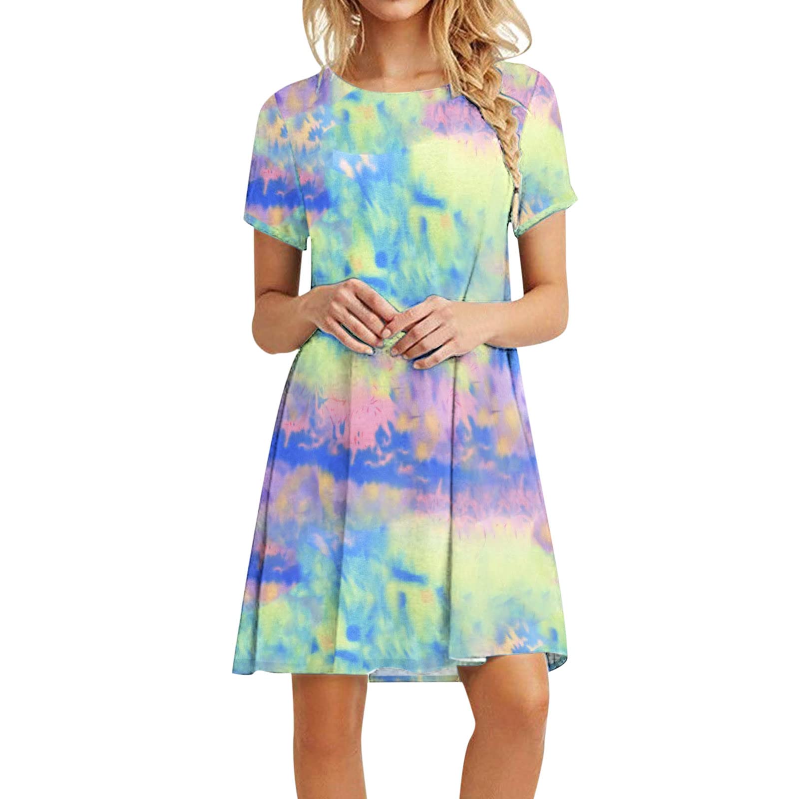 ONHUON Women's Casual Summer T-Shirt Dresses - Short Sleeve Swing Dress with Pockets | Comfortable Cotton Tunic Dress for Everyday Wear, Outing & Vacation