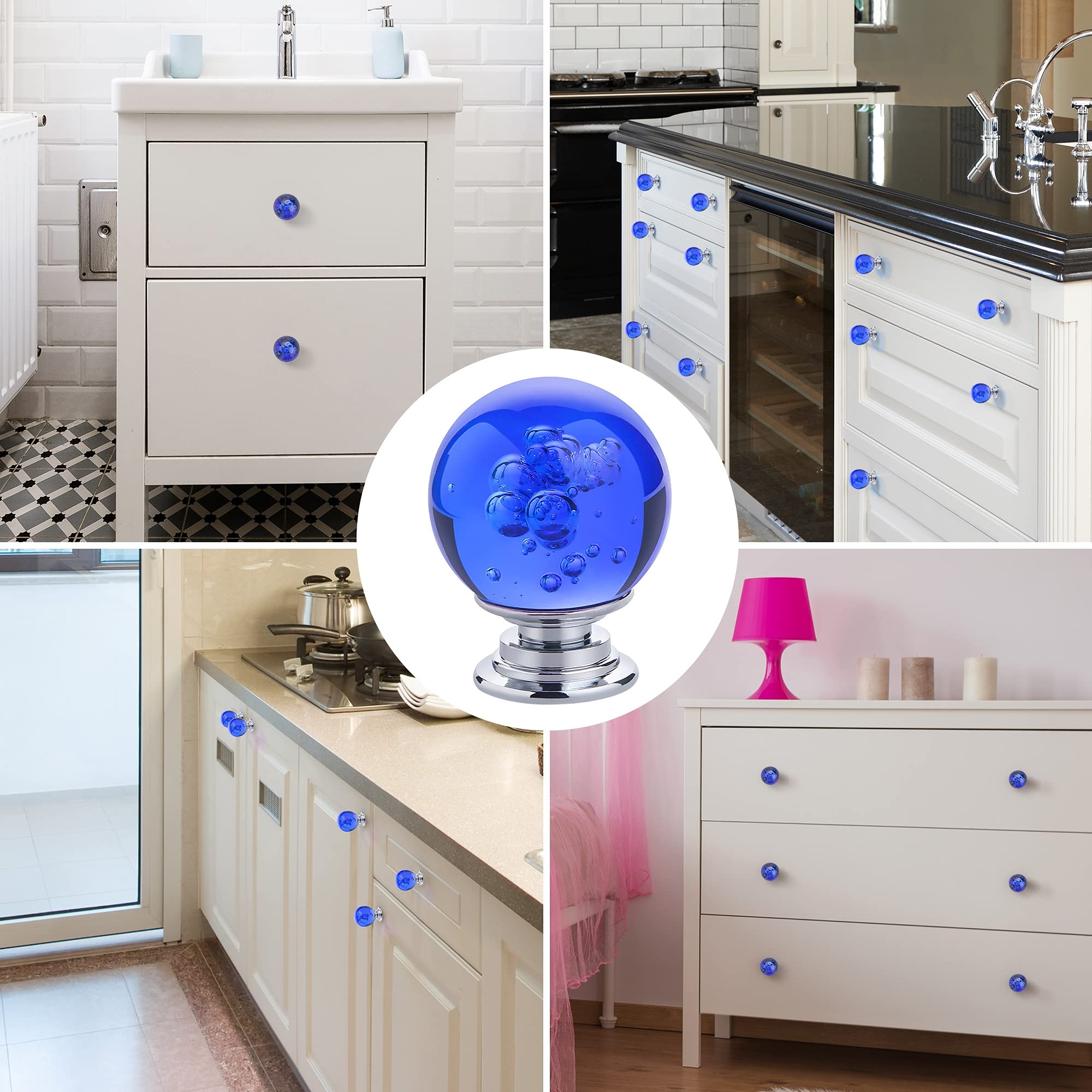 10 PCS Crystal Cabinet Knobs - Round Glass Bubbles Dresser Knobs with Smooth Surface for Drawers & Cabinets - Includes 3 Different Size Screws (30MM, Blue) - Perfect for Home Decor, Bedroom Furniture & Kitchen Cabinets