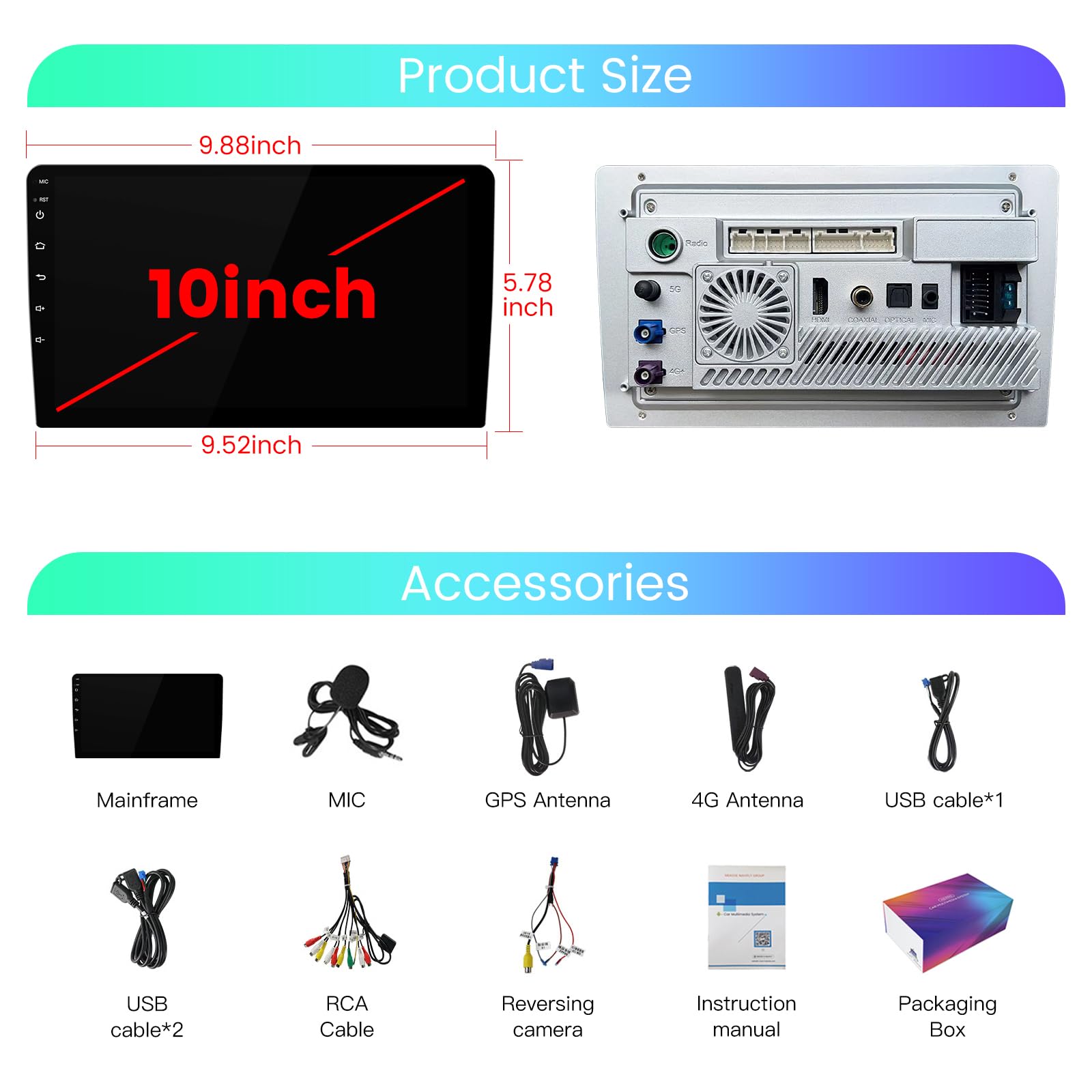 10 Inch Android 12 QLED Touchscreen Car Stereo - 8-Core Processor, Bluetooth 5.1, Wireless CarPlay & Android Auto - Universal Multimedia Head Unit for Seamless Driving Entertainment