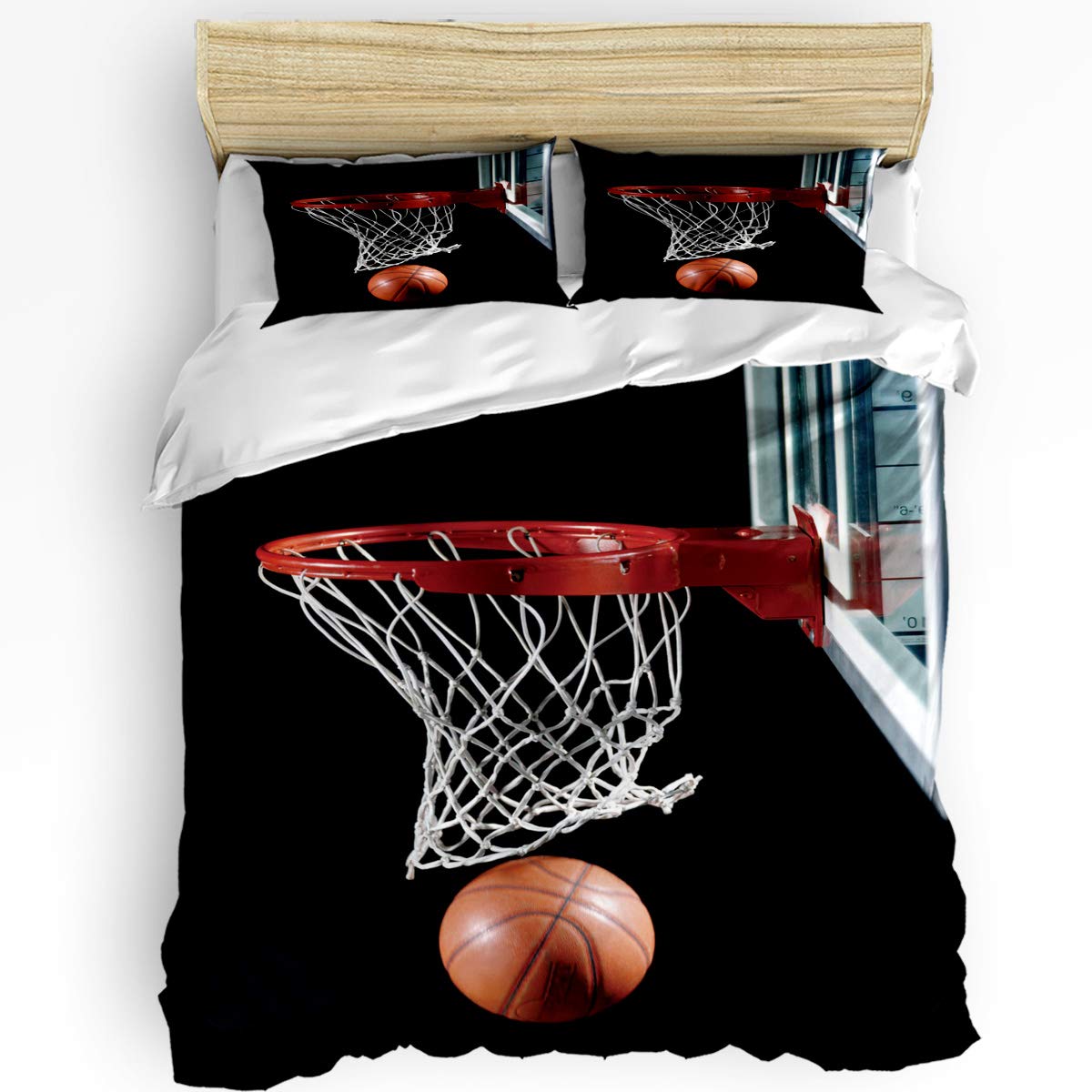 3D Basketball Duvet Cover Set with Hoop Design - Soft Twill Plush Queen Size Bedding Set (1 Duvet Cover + 2 Pillow Shams) | Zipper Closure | Cool Sports Theme | Perfect for Teen Boys Room, Game Room Decor & Basketball Fans Gift
