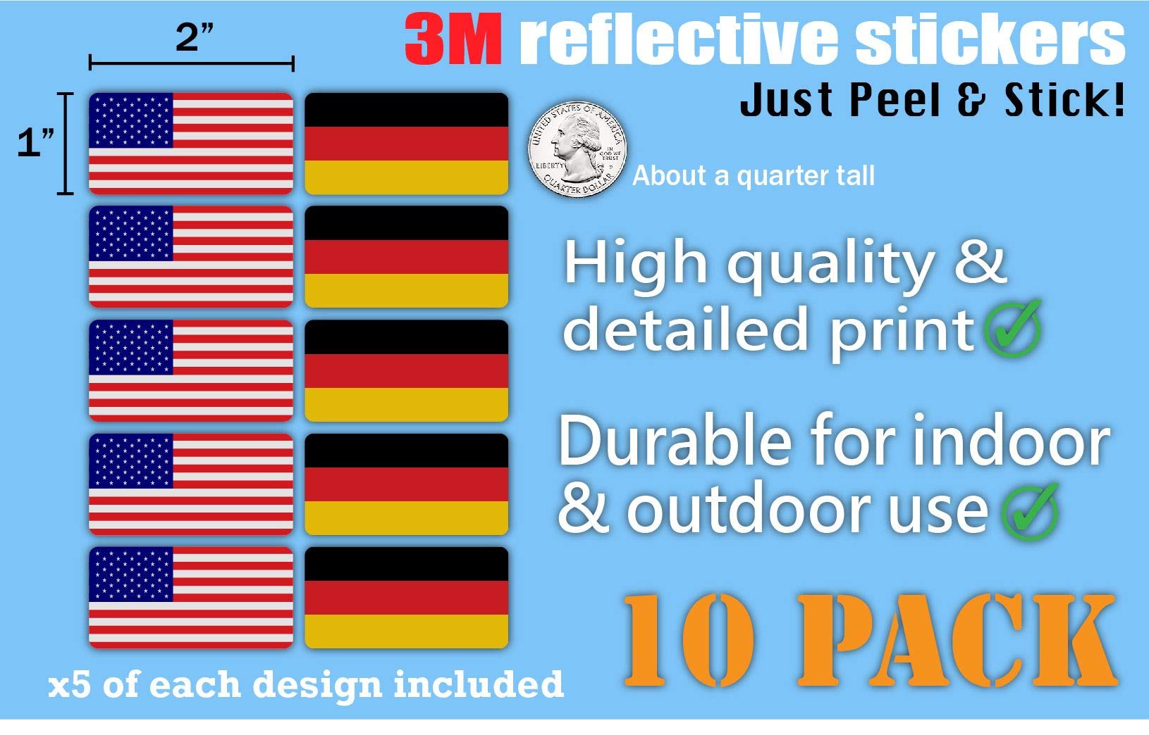 10-Pack 3M Reflective American and German Flag Stickers - High Visibility Safety Decals for Hard Hats, Helmets, Bikes, Toolboxes & Laptops - Perfect for Construction Workers, Cyclists and Outdoor Enthusiasts