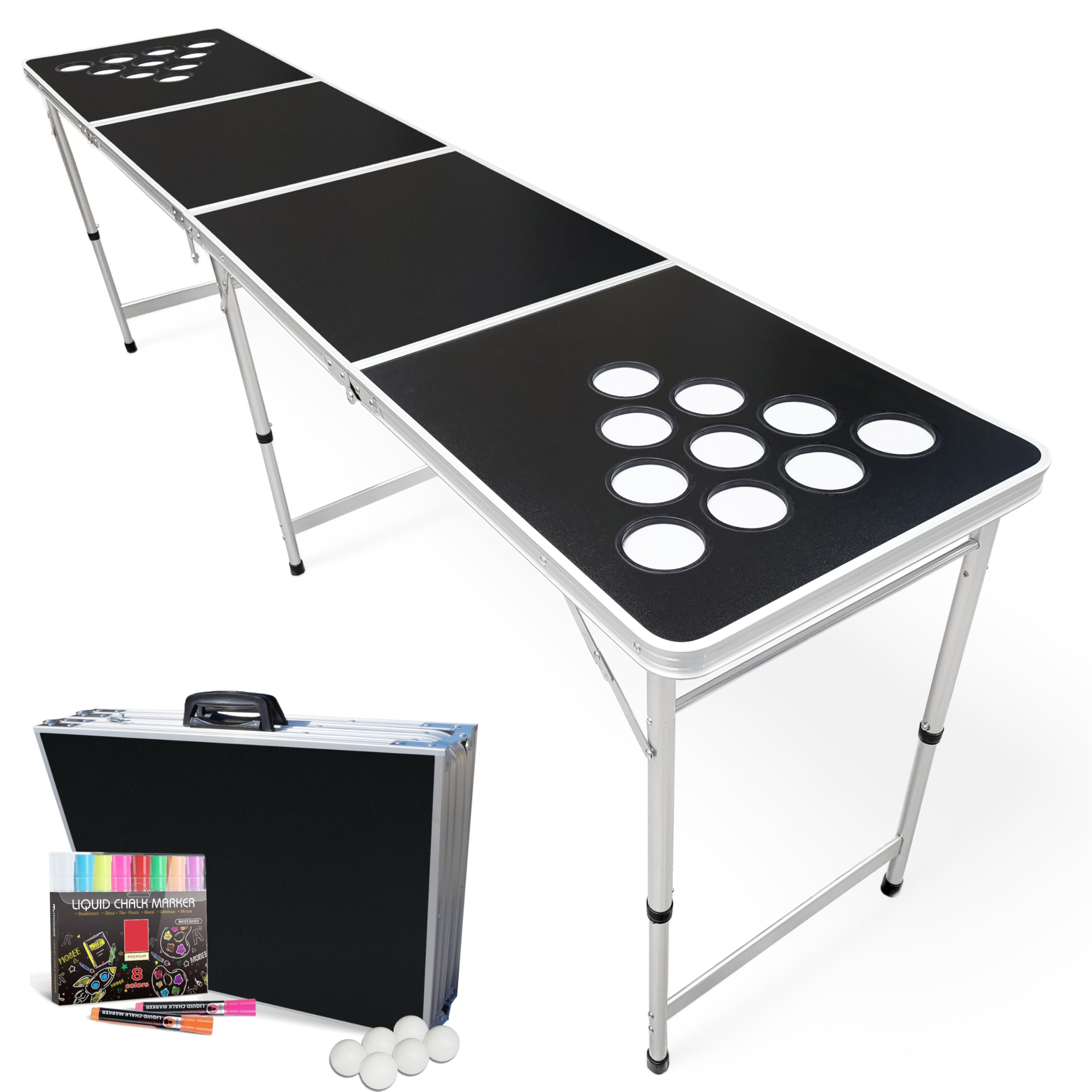 8-Foot Beer Pong Table with Erasable Surface - Includes 6 Erasable Markers, 8 Beer Pong Balls & Optional LED Lights - Perfect for College Parties, Tailgates & Backyard Games (Choose Your Model)