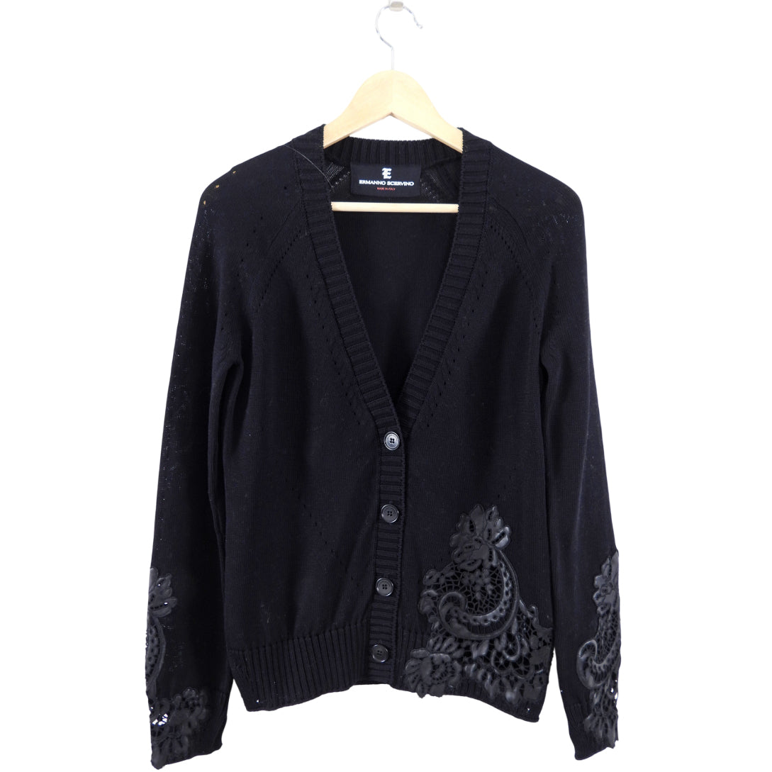 Ermanno Scervino Black Knit & Guipure Lace Leather Cardigan Sweater for Women | Elegant Fall & Winter Fashion | Perfect for Office, Date Night & Special Occasions