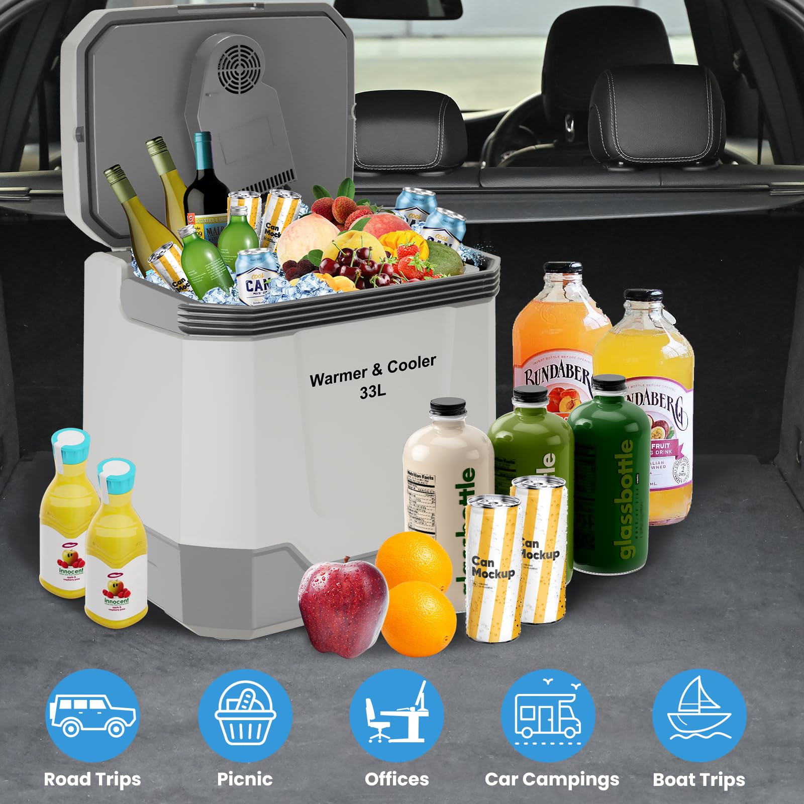 33L Portable Electric Cooler & Warmer with Handle - 110V AC & 12V Car Adapter for Vehicles, Trucks, Camping, Travel & Picnics | Perfect for Road Trips, Outdoor Adventures & Home Use (Grey)