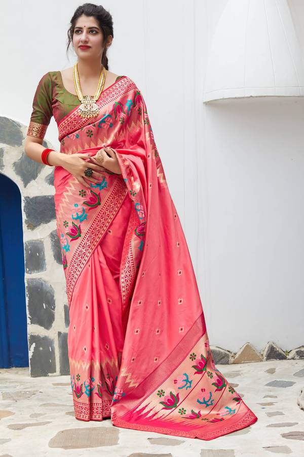 Banarasi Silk Designer Pink and Golden Saree for Women | Handwoven Pure Silk Saree with Zari Work | Perfect for Weddings, Parties & Festive Occasions