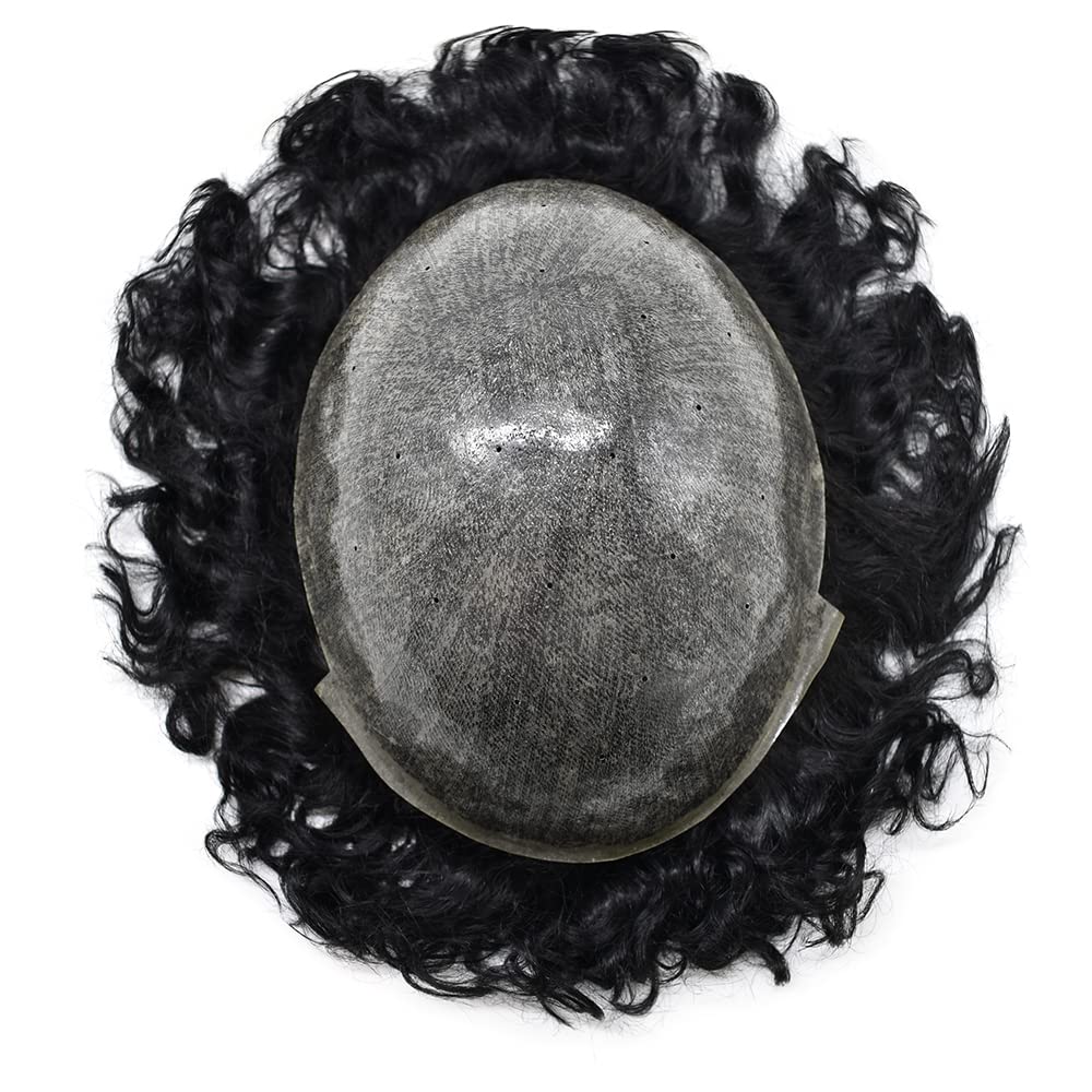 Men's 20mm Curly Human Hair Toupee - Wavy Kinky Hair Replacement System for Men - Full PU Base - SINGA HAIR (8