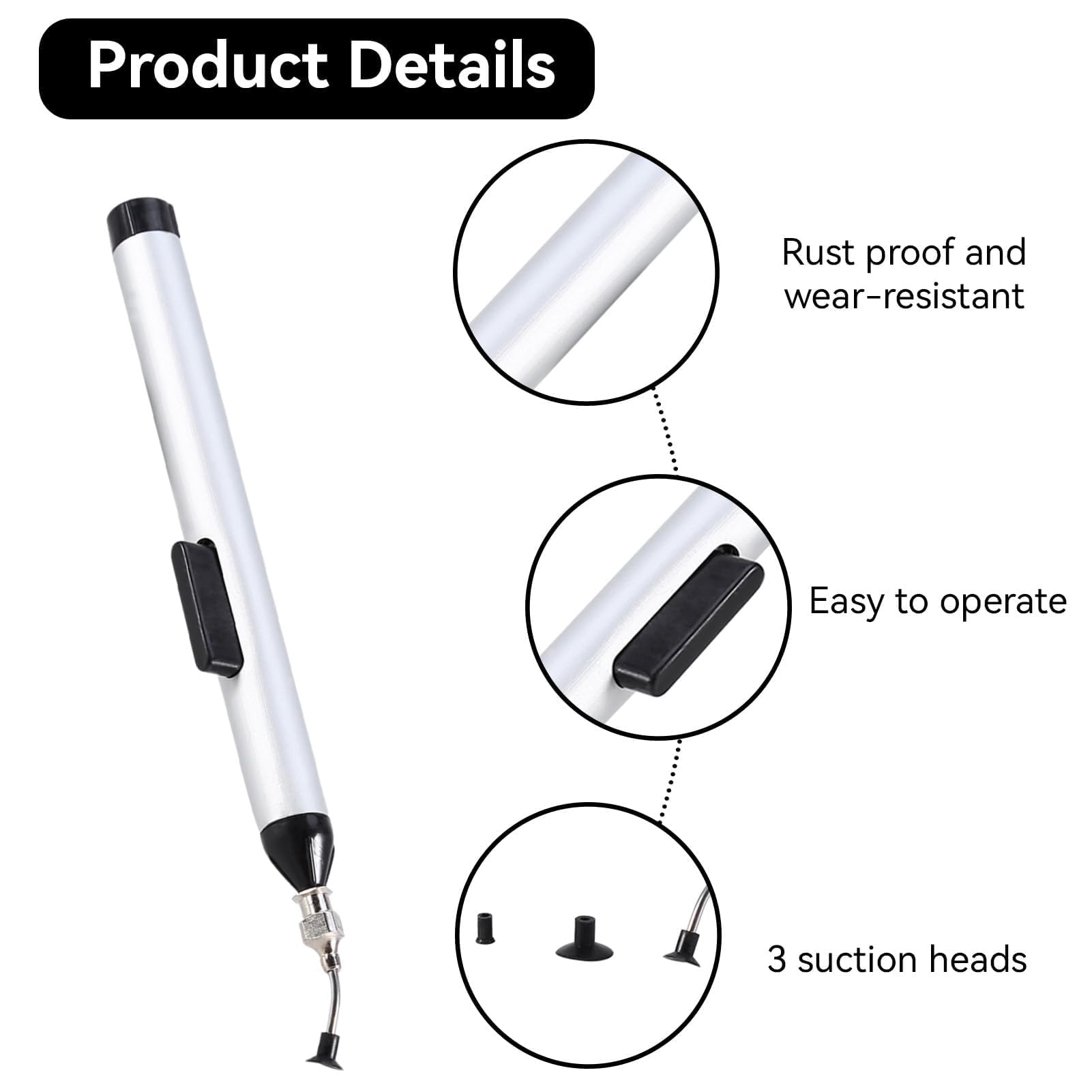IC SMD Vacuum Suction Pen Tool with Removable Headers - Precision Component Pickup & Placement Tool for Electronics Repair, Soldering, and PCB Assembly