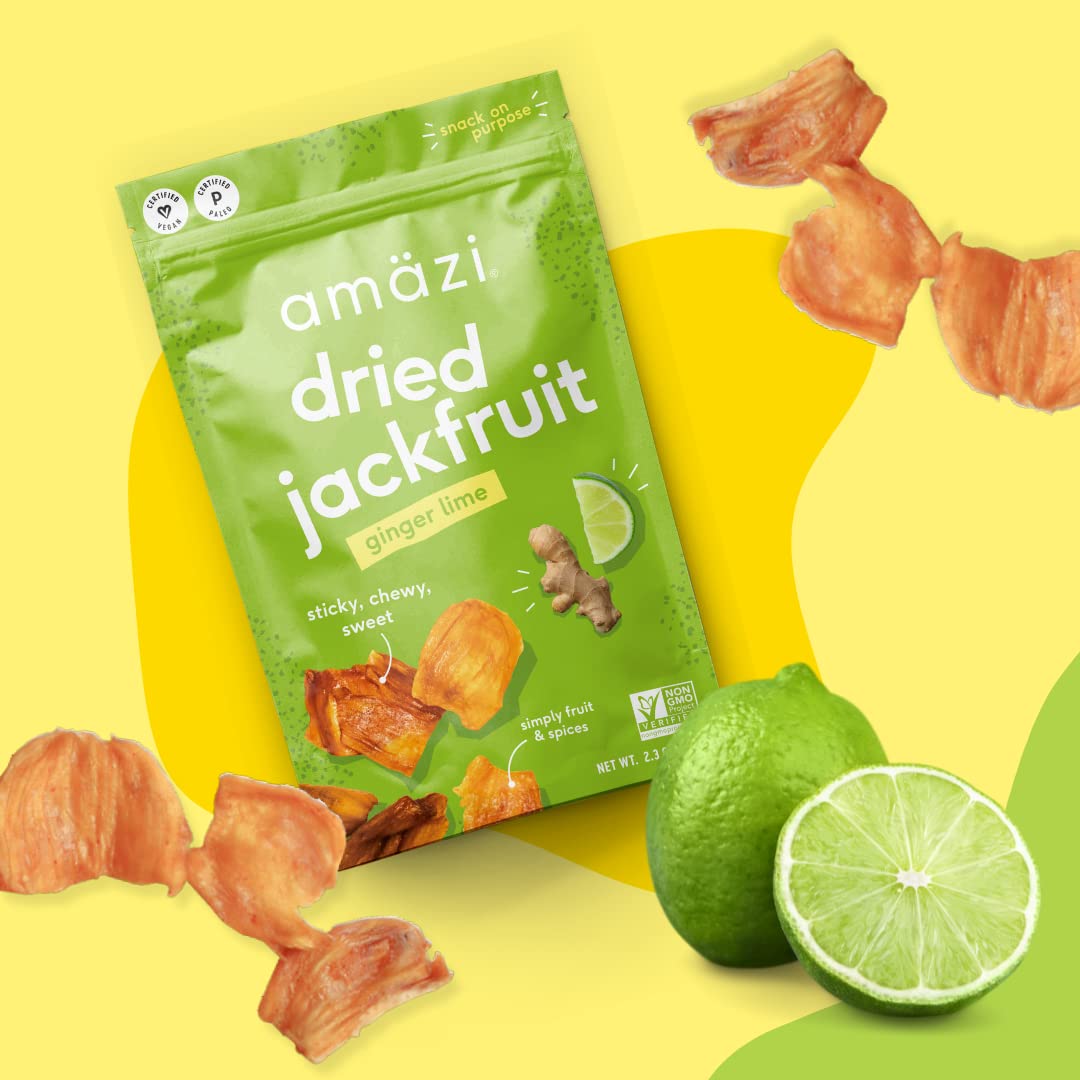 Amäzi Foods | Ginger Lime Dried Jackfruit (6 Pack) | All Natural, Gluten Free Healthy Dried Fruit Snacks | Vegan, Paleo & Keto Friendly | Perfect for On-the-Go, Hiking & Office Snacking