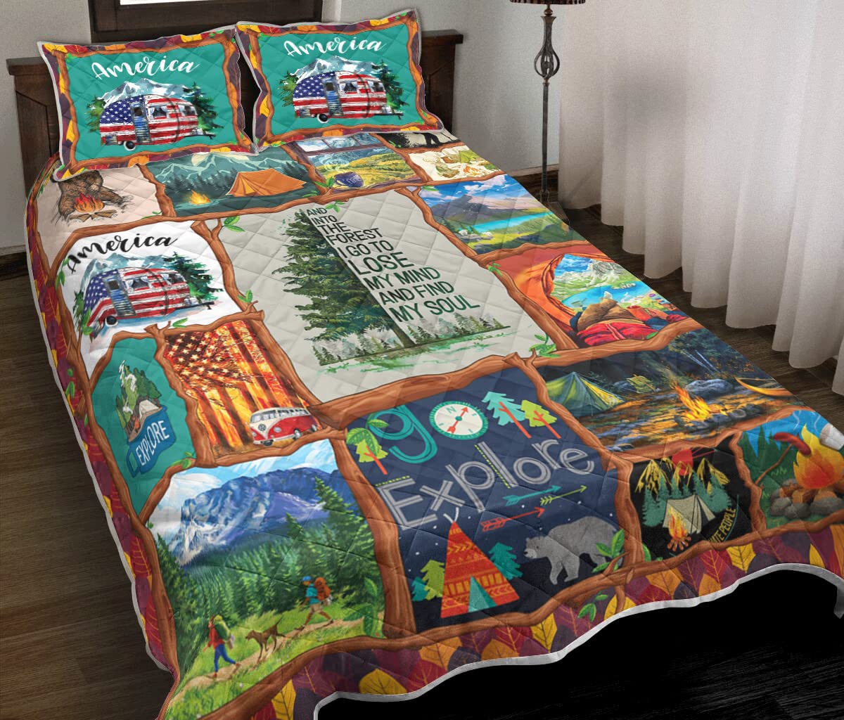 Happy Camping Forest Print Quilt Bedding Set - Queen Size (80x90 Inches) for RV, Travel Trailer & Home Decor - Cozy & Durable for Kids, Teens & Adults - Perfect for Outdoor Adventures & Cozy Nights