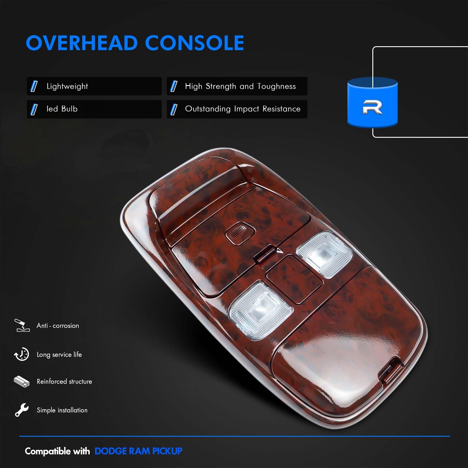 **Dodge Ram 1500 2500 3500 Front LED Overhead Console Assembly (1998-2002) - Cab Interior Dome Light, Reading & Map Lights - Replaces SN96TL2AA, SN94TL2AA, L0021202, 5013609AA (Peach Wood) - Perfect for Night Driving & Interior Illumination**