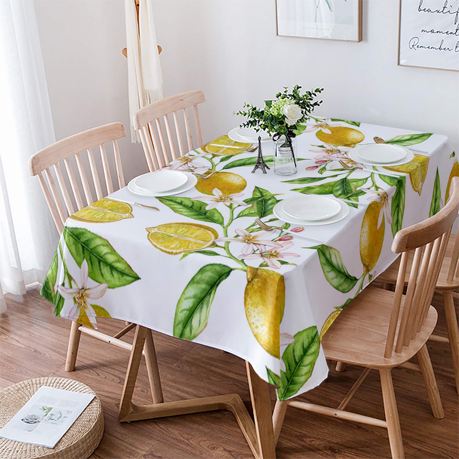 Brawvy Wrinkle-Free Waterproof Tablecloth - 60x102 Inch Rectangular Polyester Fabric with Summer Lemon Watercolor Art Design for Indoor & Outdoor Dining, Picnics, Parties, and Daily Use