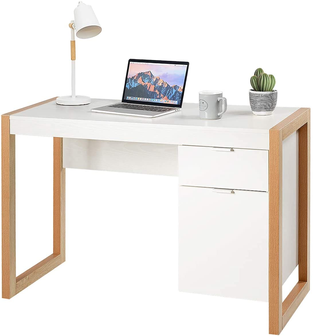 Topment 44 Inch Modern Writing Desk with Drawer - Sturdy Study Desk, Makeup Vanity Table with Storage Cabinet - Classic Simple Style Laptop Workstation for Home Office, Bedroom, Living Room or Study - Easy Assembly (Perfect for Remote Work, Online Classes & Home Beauty Routine)