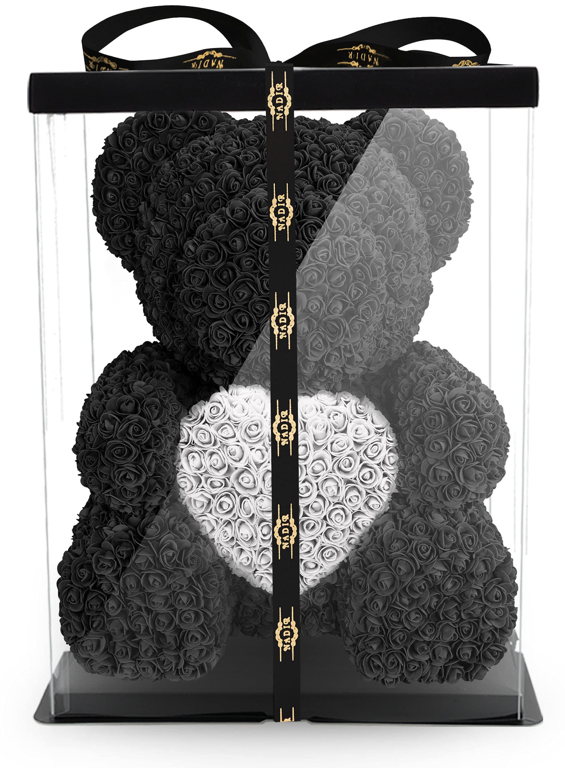 NADIR Black Rose Bear with Heart - 70cm Luxury Floral Teddy Bear in Gift Box for Valentine's Day, Mother's Day, Birthday & Anniversary - Romantic Home Decor & Special Occasion Gift