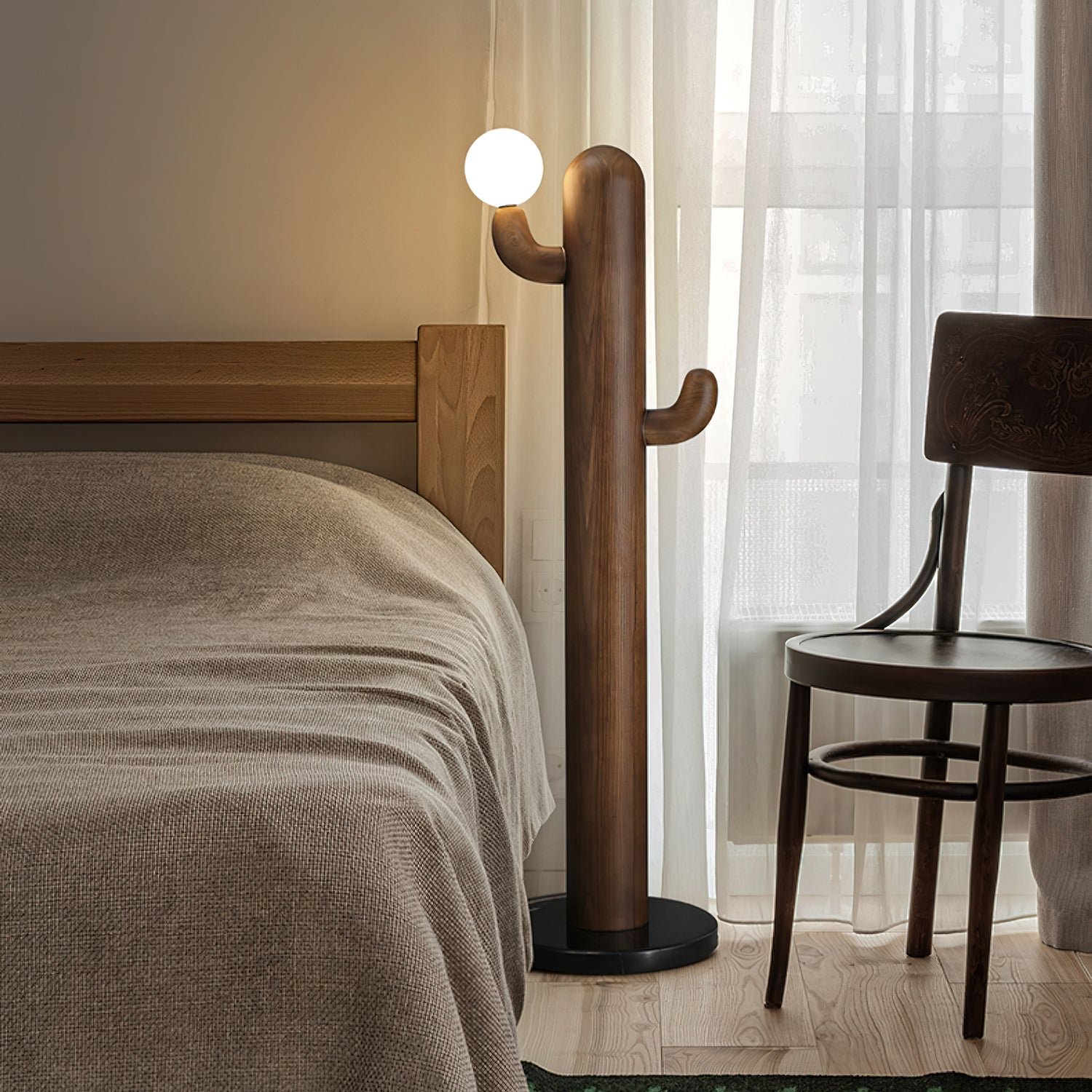 Modern Cactus Wood Floor Lamp - Handcrafted Natural Wood Standing Light for Living Room, Bedroom & Office - Warm Ambient Lighting for Home Decor