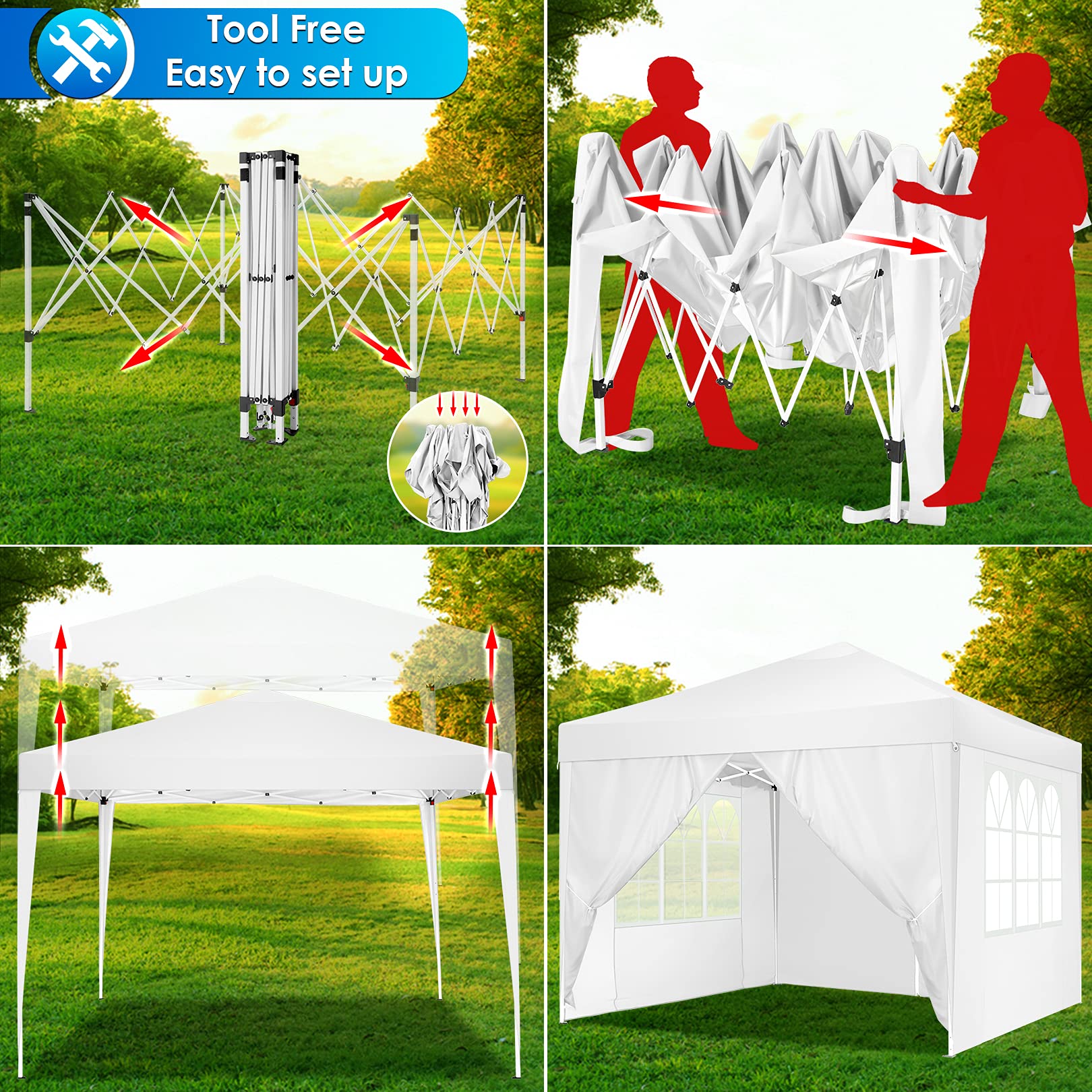 COBIZI 10x10 Pop Up Canopy Tent with 4 Sidewalls - Waterproof Instant Shelter for Outdoor Events, Camping, Parties & Backyard Gatherings - Portable White Gazebo for Commercial Use & Picnics
