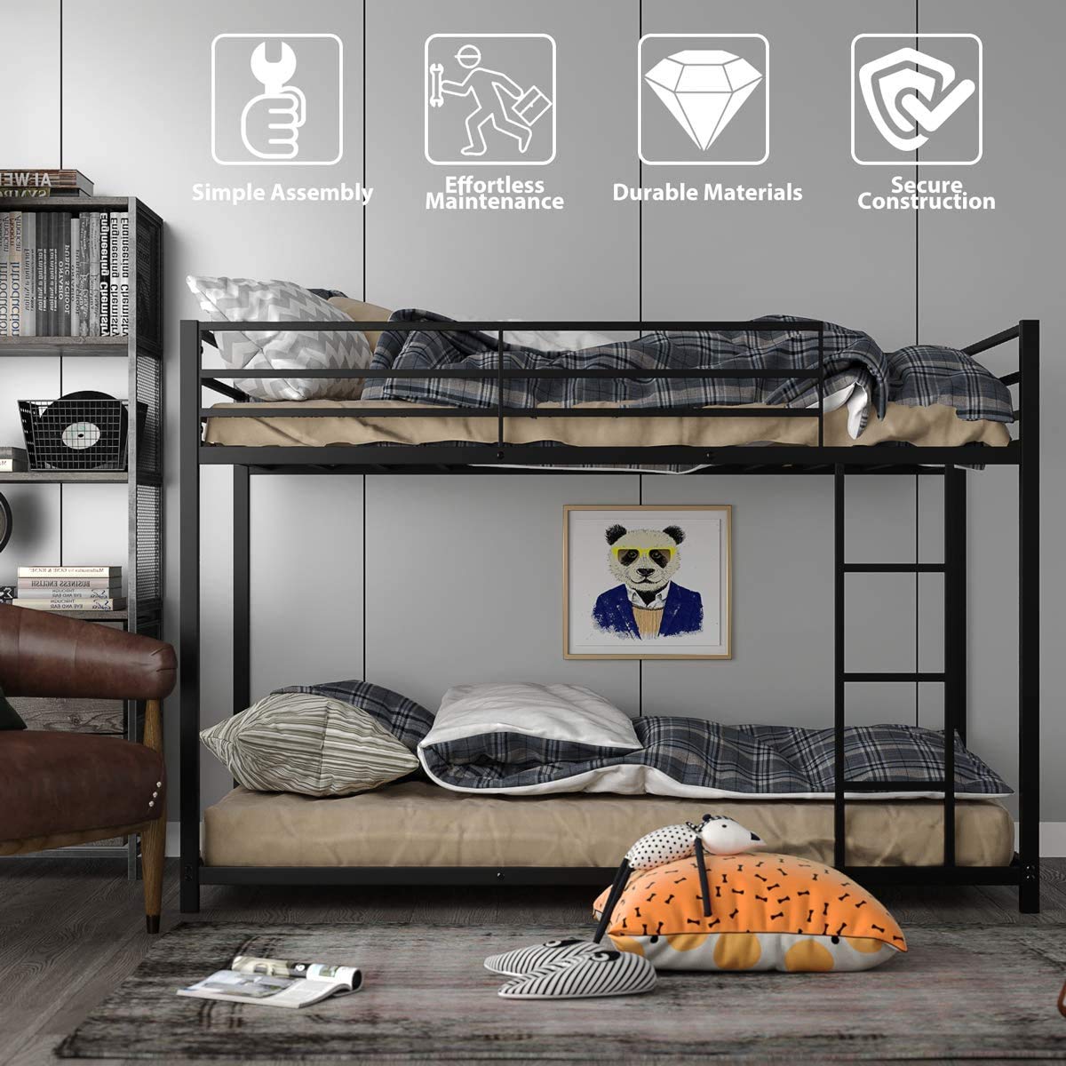 Metal Twin Over Twin Bunk Bed with Ladder & Safety Rail - Sturdy Moccha Black Frame for Kids, Teens & Adults - Perfect for Space-Saving Kids' Rooms, Guest Rooms & Small Apartments
