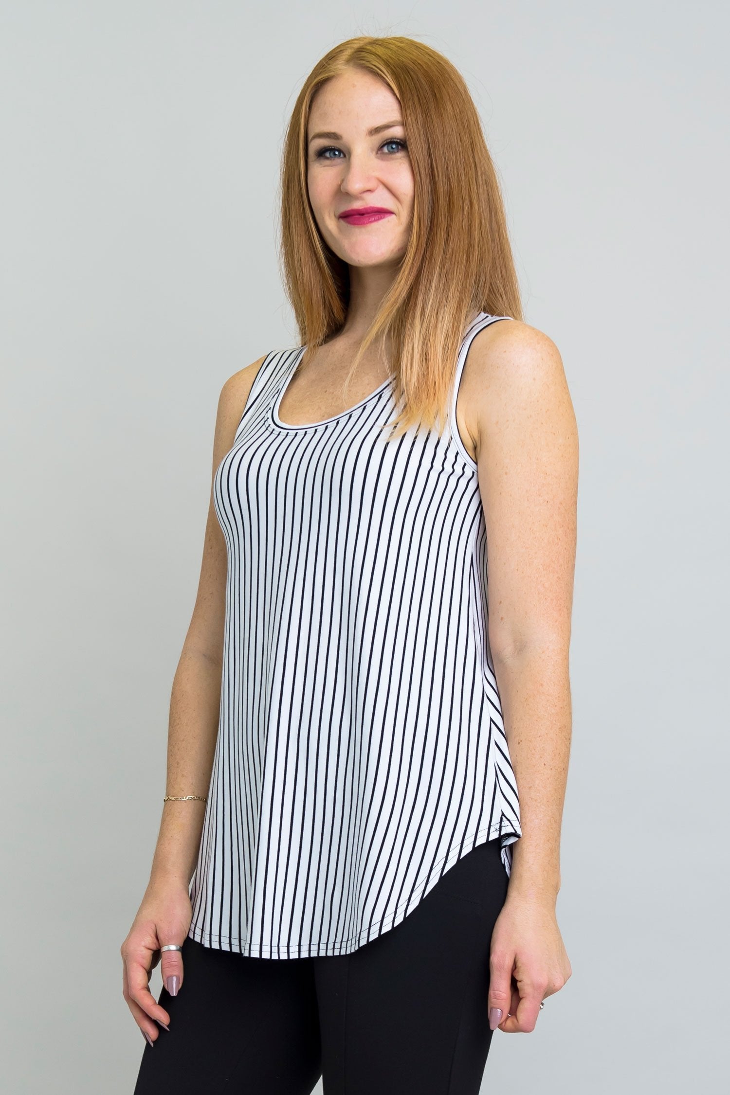 Jazz Tank Top - White & Black Small Stripe Bamboo Fabric Women's Casual Shirt | Perfect for Summer Outfits, Beach Wear, and Music Festivals
