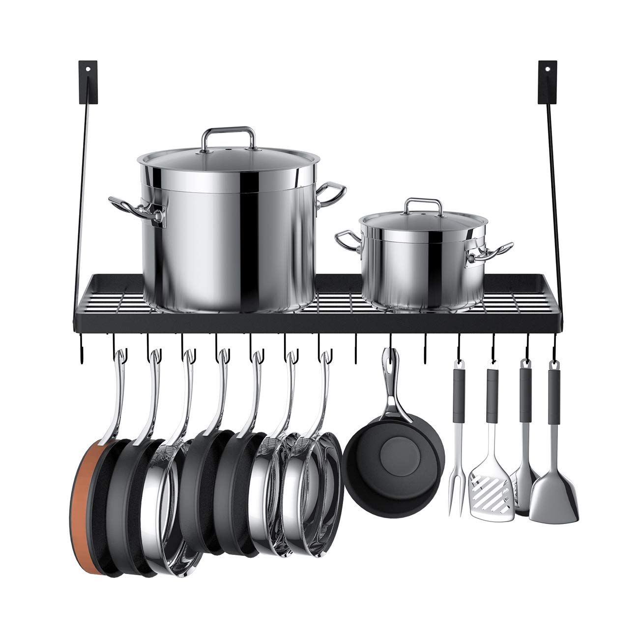 Hoooh Square Grid Wall Mount Pot Rack with 10 Hooks - Black Kitchen Cookware Hanging Organizer (KPR300A-BK) for Pots, Pans & Utensils - Perfect for Small Kitchens & Pantry Organization