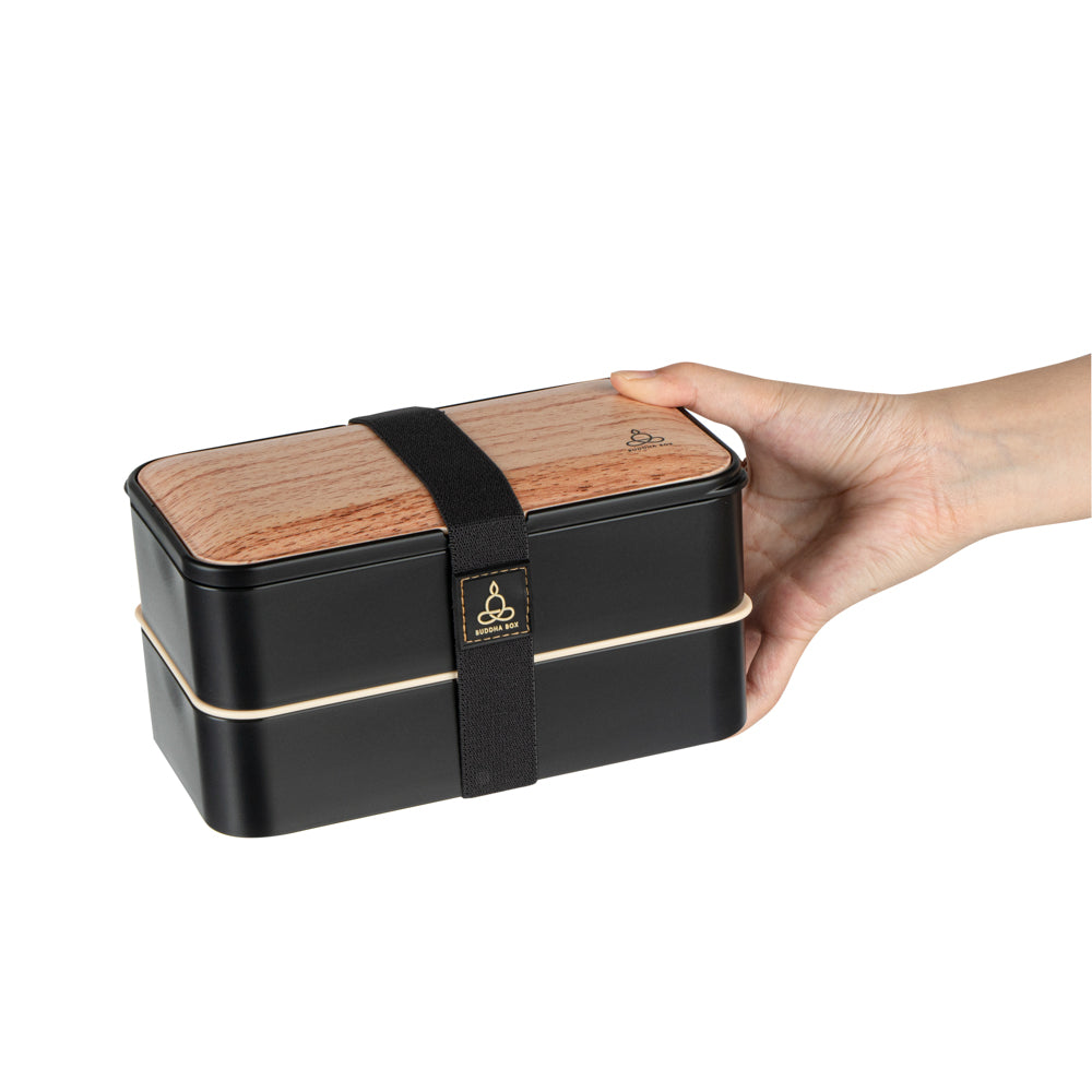 Bento Tek 41oz Wood Grain & Black Buddha Lunch Box with Utensils & Sauce Cup - 7.25