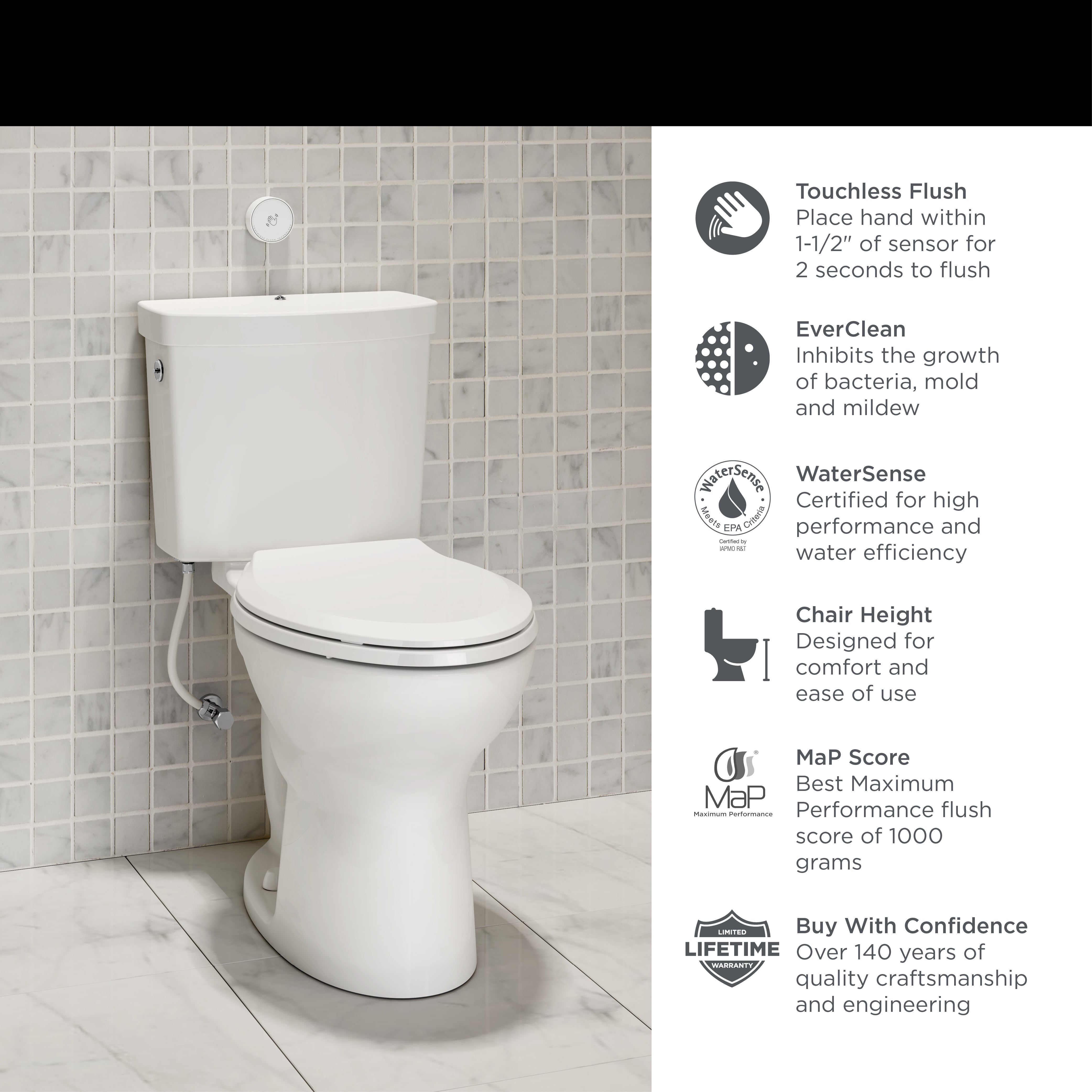American Standard Cadet Touchless 2-Piece 1.28 GPF Elongated White Toilet - Water Efficient Bathroom Upgrade for Modern Homes & Commercial Spaces