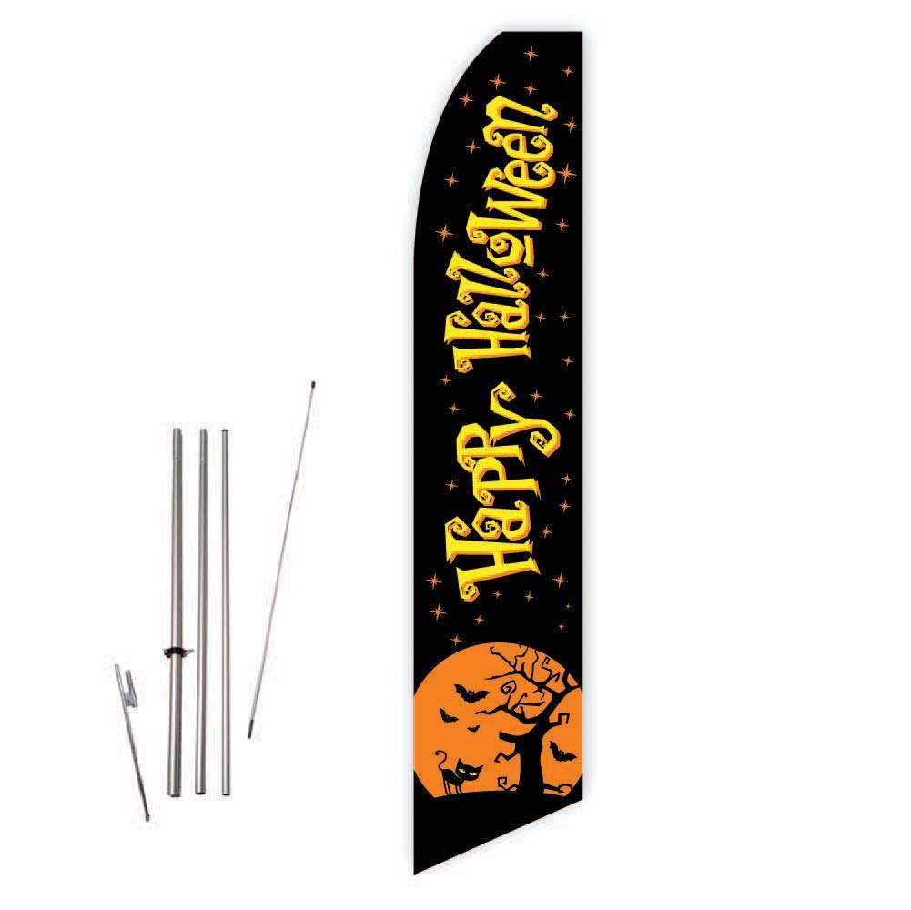 Happy Halloween Black Super Novo Feather Flag with 15ft Pole Set & Ground Spike - Outdoor Halloween Party Decorations for Yard, Garden, and Haunted House Decor
