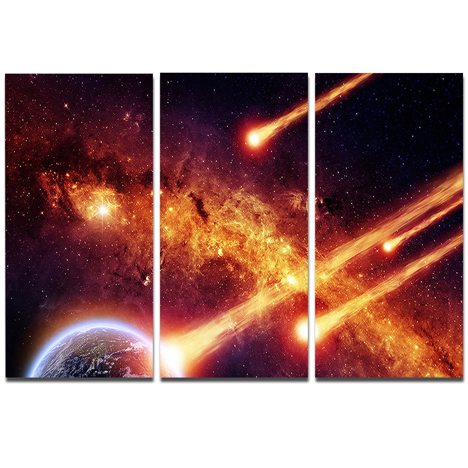 Designart Fire from Planets - Modern Spacescape Canvas Art Print - 36x28 Inches - 3 Piece Multipanel Wall Decor for Living Room, Bedroom & Office
