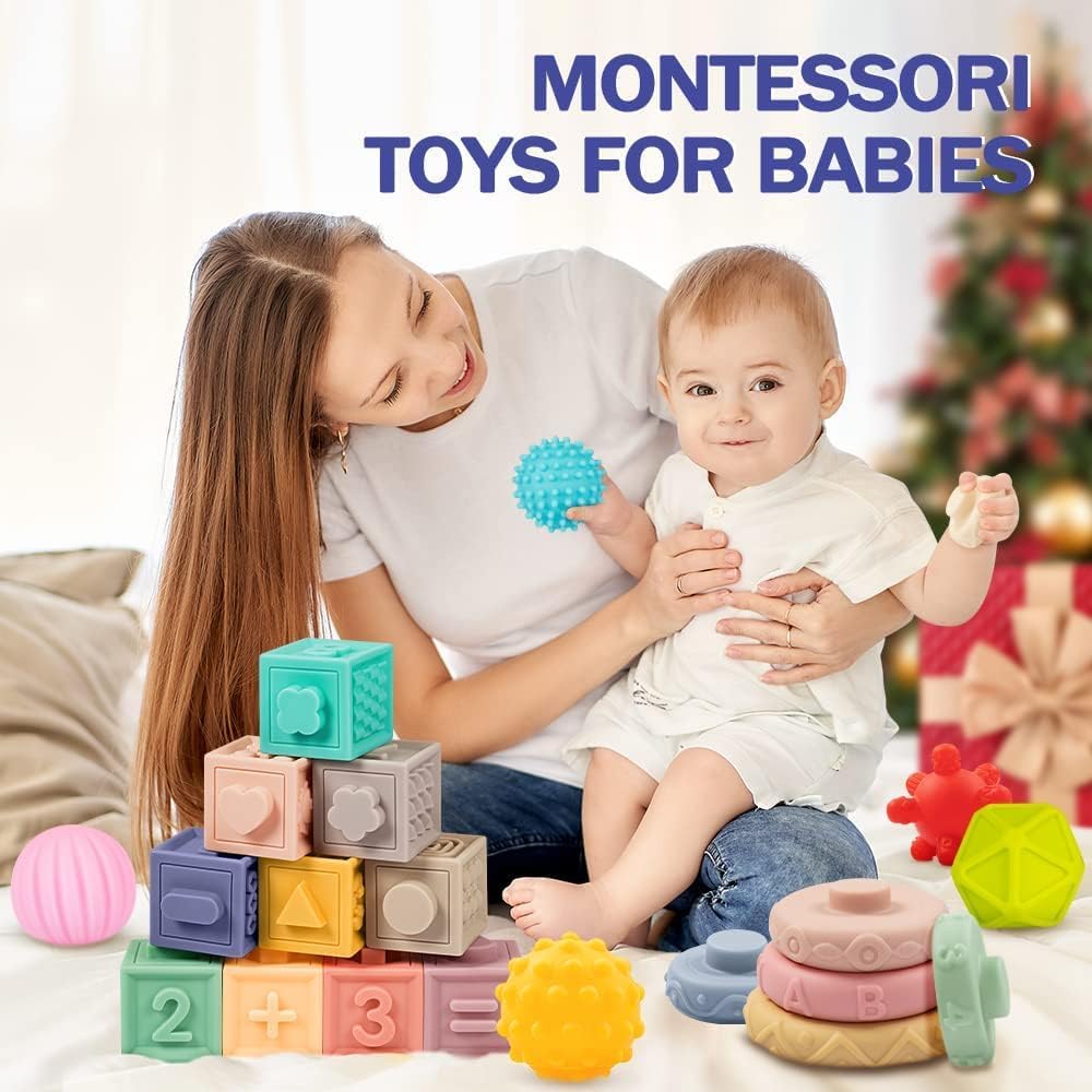 5-in-1 Montessori Baby Toys for 0-12 Months | BPA-Free Sensory Teething Blocks with Numbers & Animals | 10 Textured Silicone Toddler Toys | Easy Clean & Travel Bag Included | Perfect for Early Learning, Teething Relief & On-the-Go Playtime