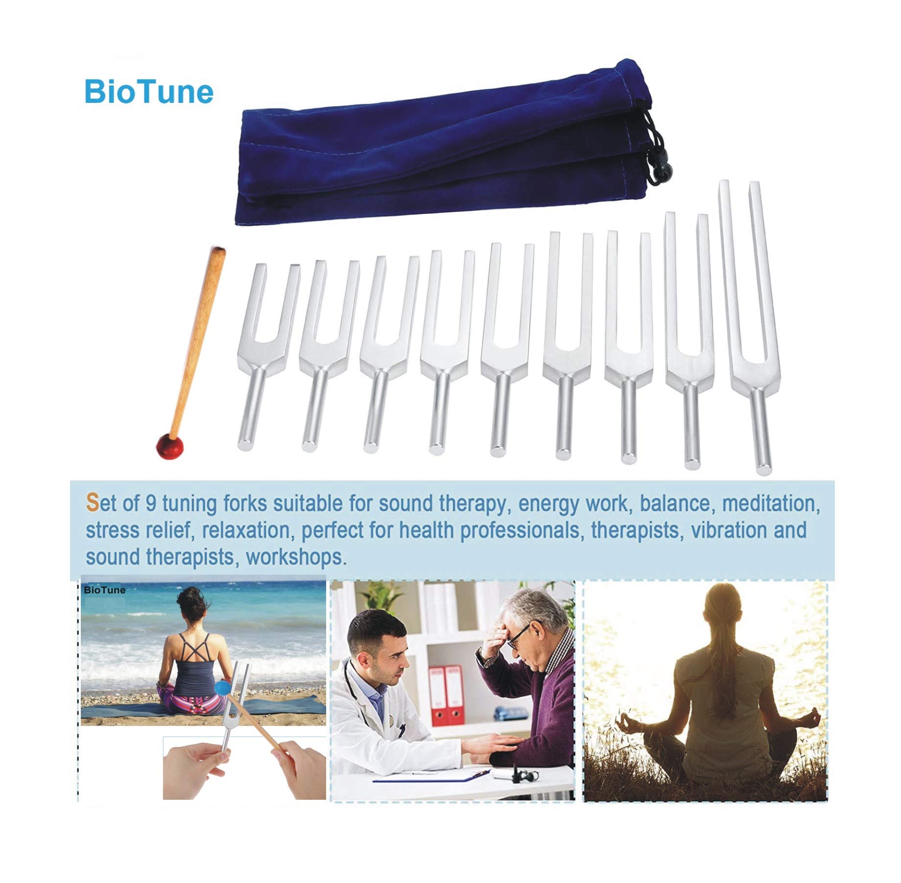 BioTune Solfeggio Tuning Fork Set - 9 Tuning Forks with Hammer & Carrying Bag for Sound Therapy, DNA Healing, Chakra Balancing | Perfect for Sound Healers, Music Therapy, Meditation & Energy Work | Professional Vibration Tools for Holistic Wellness