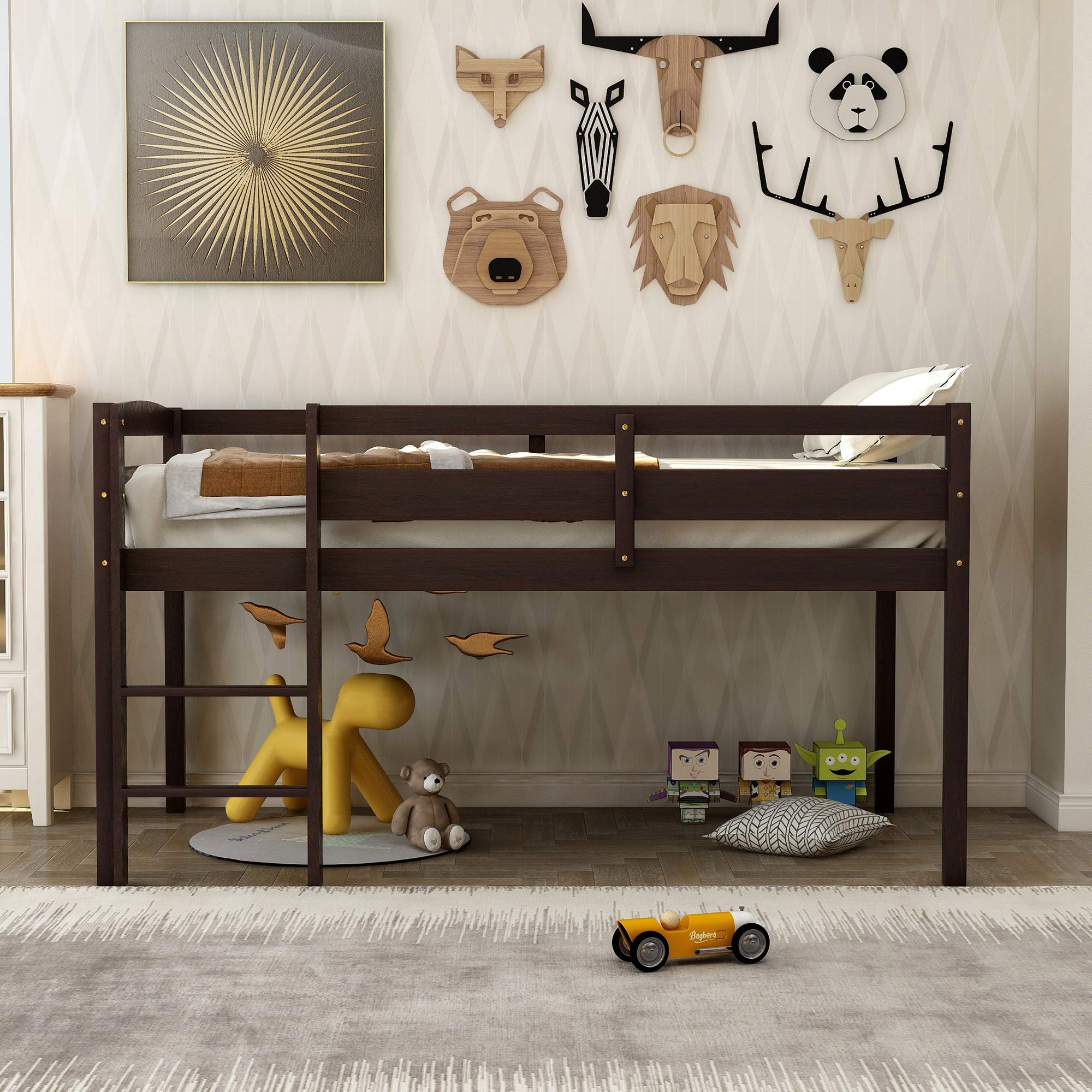 Sturdy Wooden Loft Bed Twin Size with 8-Slat Support, Safety Guard Rail & Ladder - 200 lbs Weight Capacity (79.5