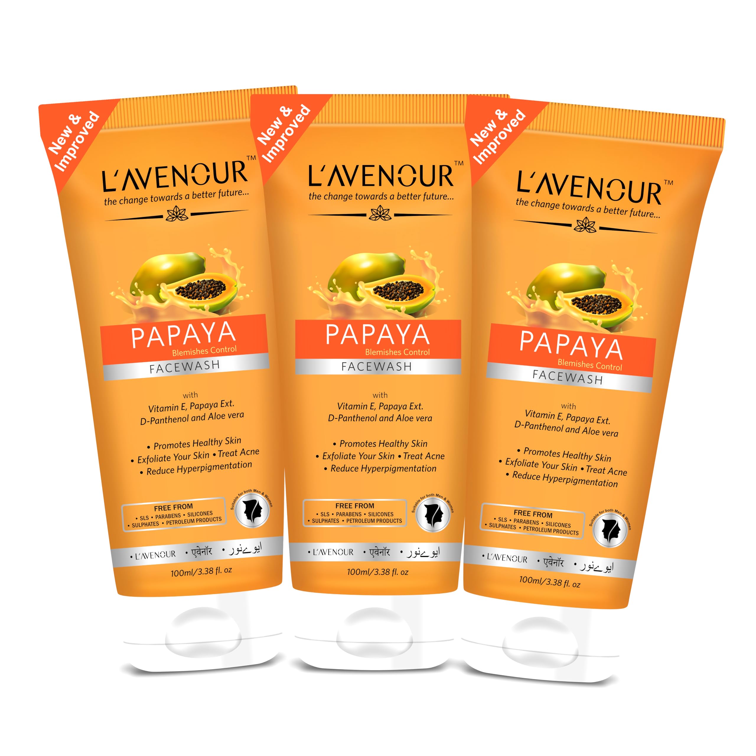 L'avenour Papaya Blemishes Control Face Wash with Vitamin E, Papaya Extract & Aloe Vera - Acne & Pigmentation Treatment for Men & Women - 100ml (Pack of 3) - Gentle Daily Cleanser for Clear, Glowing Skin at Home or Travel