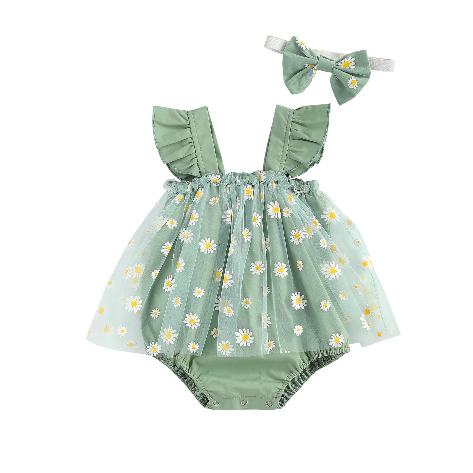 Adorable Baby Girl Ruffle Sleeve Daisy Print Romper Dress & Headband Set - Summer Sunsuit Outfit for Newborns, Infants & Toddlers - Perfect for Photoshoots, Birthday Parties & Beach Vacations