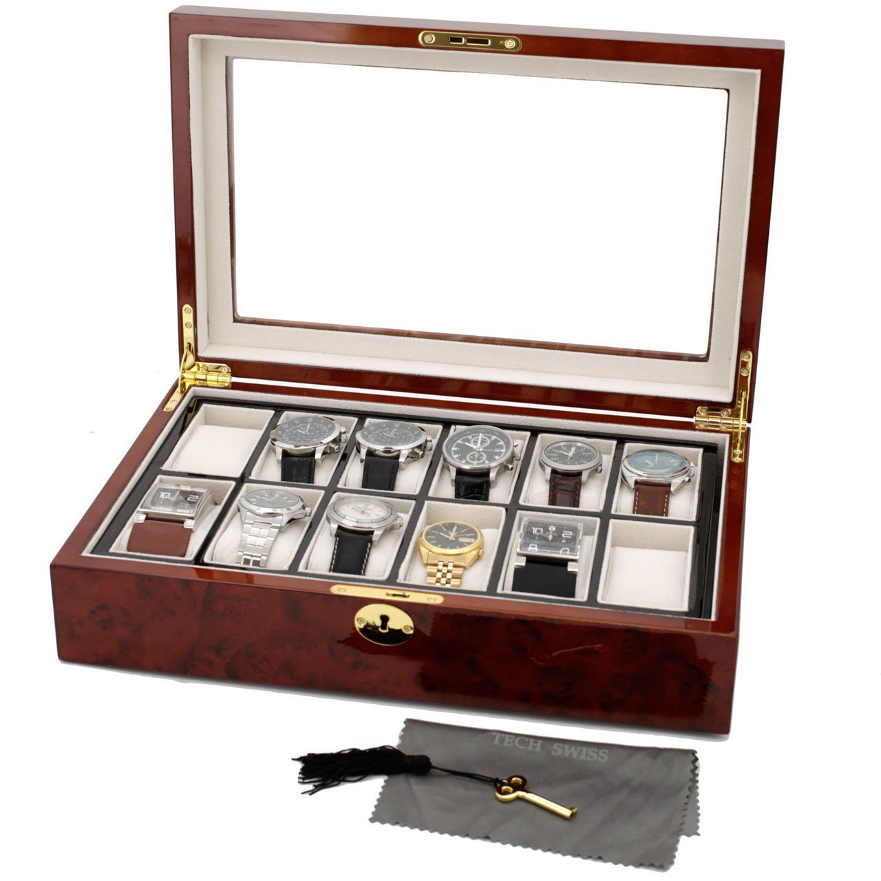 12 Slot Luxury Watch Box with Burlwood Finish & Glass Display Window - Premium Watch Organizer with Removable Tray & Locking Key - Perfect for Watch Collectors & Gift Giving