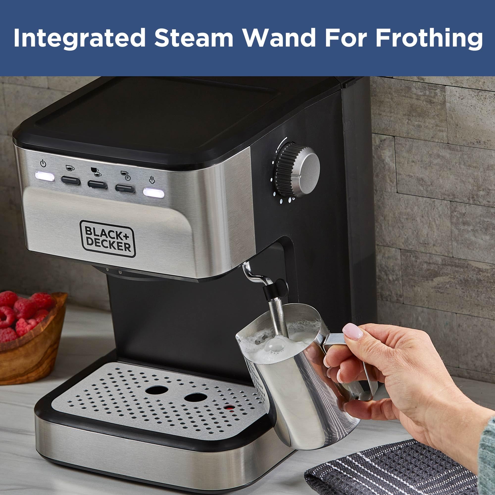 BLACK+DECKER 15 Bar Semi-Automatic Espresso & Cappuccino Machine - Use Ground Coffee or ESE Pods for Perfect Lattes, Americanos & More | Ideal for Home, Office & Small Cafes