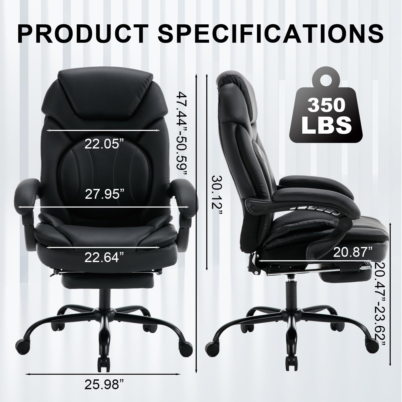 350lbs Heavy Duty Reclining Office Chair with Lumbar Support & Footrest - PU Leather Executive Desk Chair with Wide Seat, Ergonomic Design & Smooth Rolling Wheels - Perfect for Home Office, Gaming & Conference Rooms (Black)