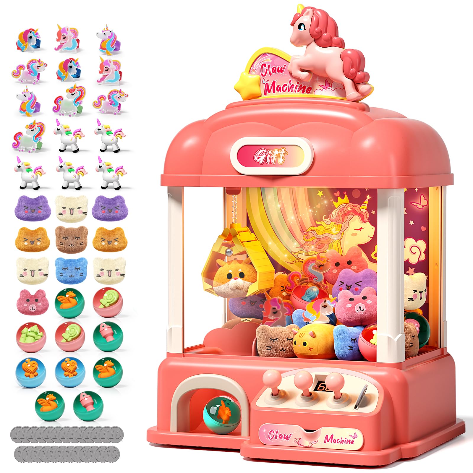 Mini Claw Machine for Kids - Electronic Candy Vending Grabber Game with Lights & Sound, Prize Dispenser Toy for Boys & Girls Birthday Parties (Includes 35 Prizes & 25 Game Coins) - Perfect for Birthday Gifts, Arcade Fun, and Family Game Nights